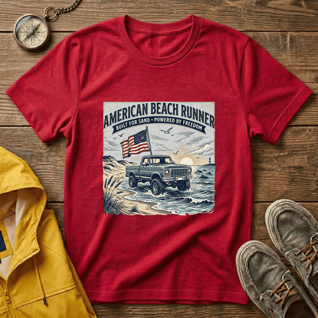 American Beach Runner T-Shirt — Vintage Jeep Flag Graphic