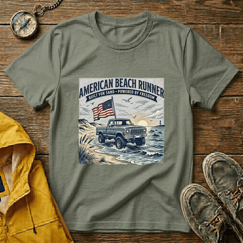 American Beach Runner T-Shirt — Vintage Jeep Flag Graphic