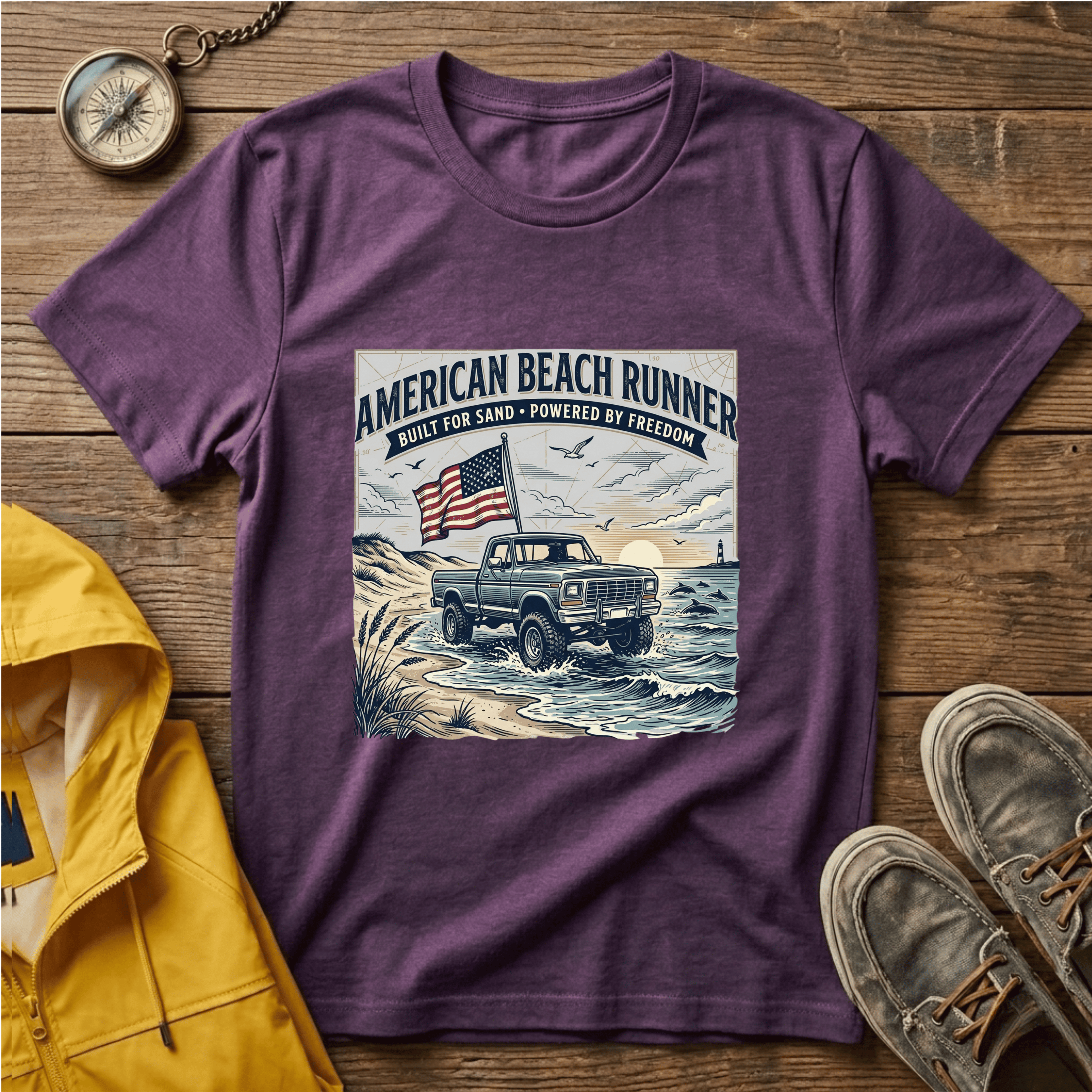 American Beach Runner T-Shirt — Vintage Jeep Flag Graphic
