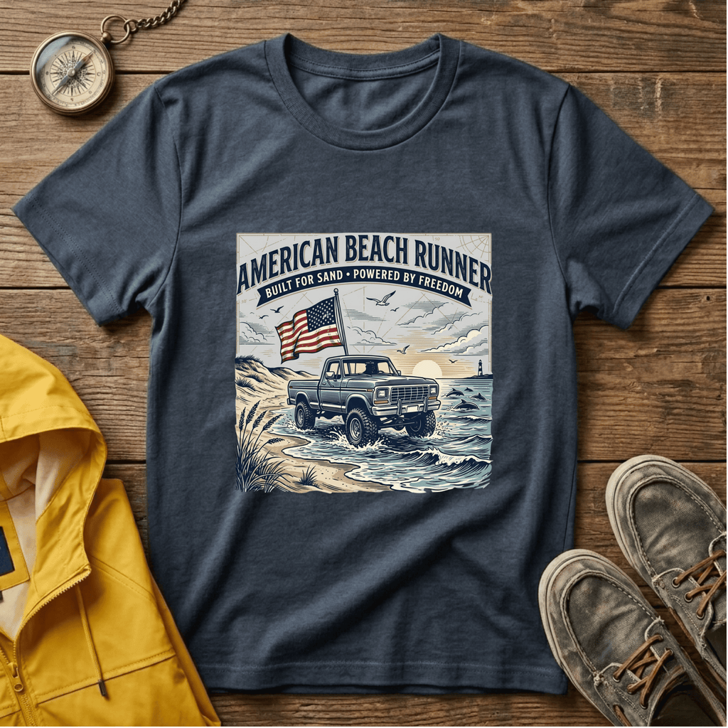 American Beach Runner T-Shirt — Vintage Jeep Flag Graphic