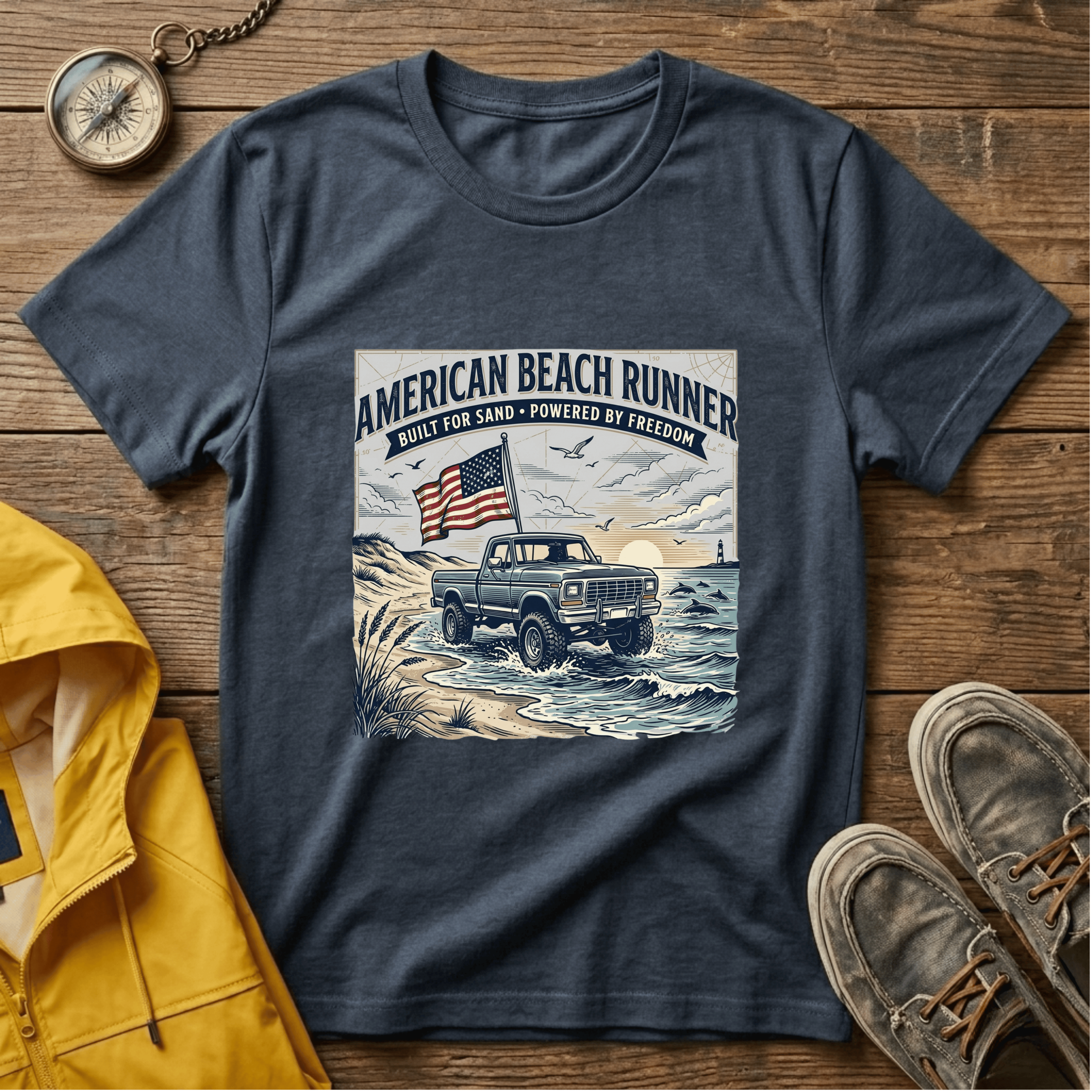 American Beach Runner T-Shirt — Vintage Jeep Flag Graphic