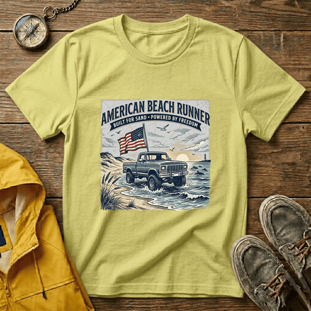 American Beach Runner T-Shirt — Vintage Jeep Flag Graphic