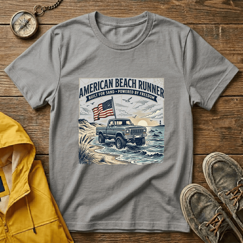 American Beach Runner T-Shirt — Vintage Jeep Flag Graphic
