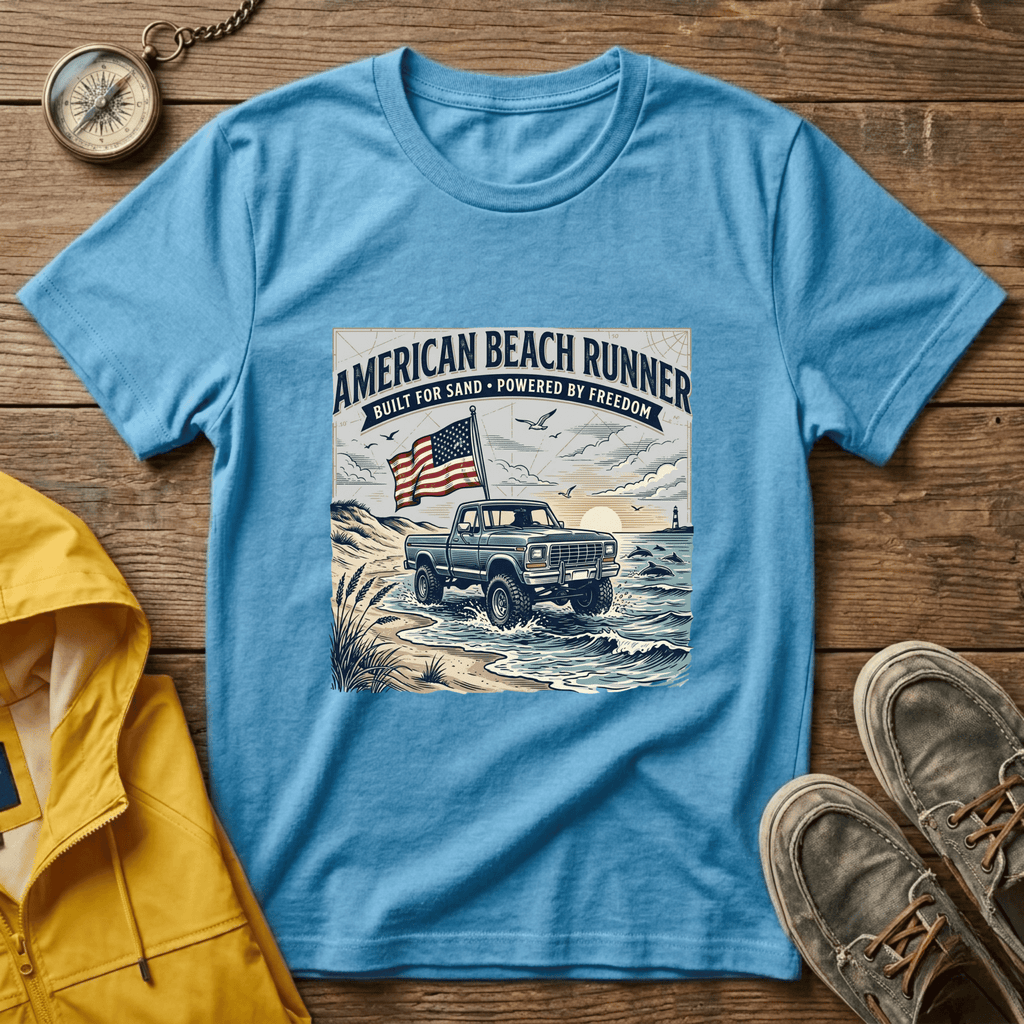 American Beach Runner T-Shirt — Vintage Jeep Flag Graphic