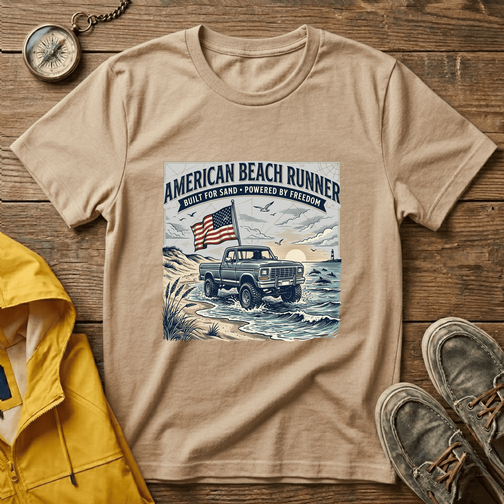 American Beach Runner T-Shirt — Vintage Jeep Flag Graphic