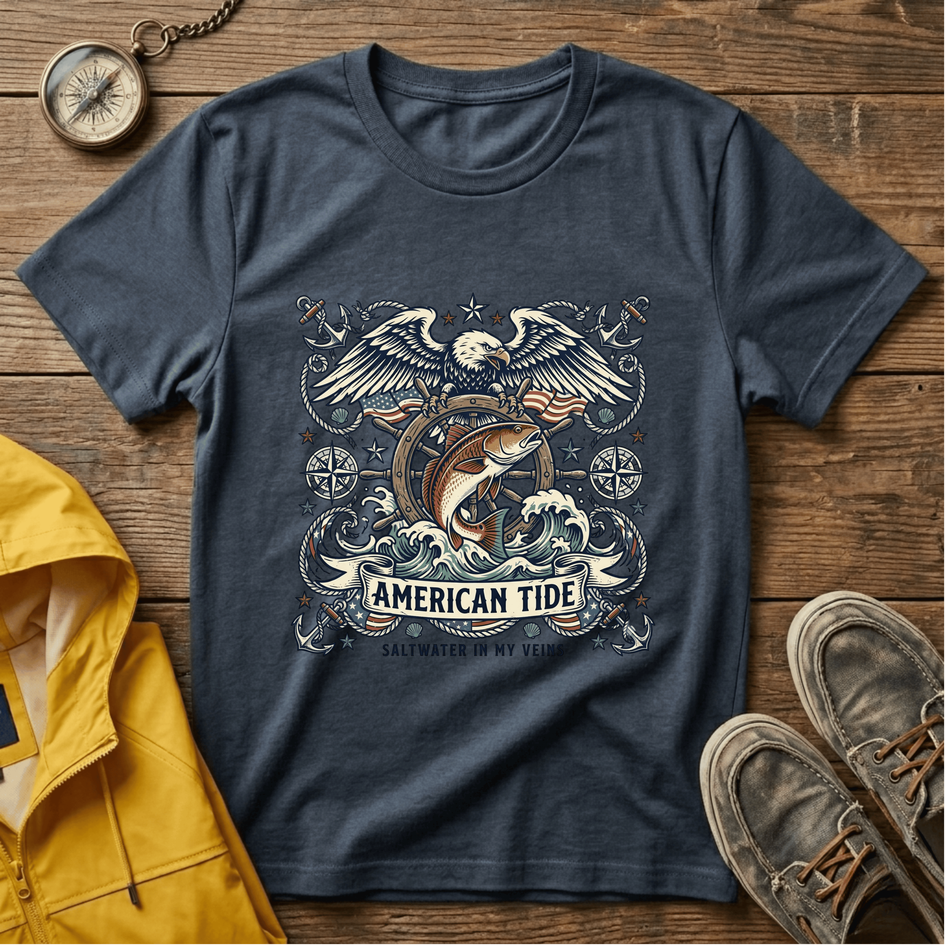 American Tide Eagle T‑Shirt — Vintage Nautical Patriotic Graphic
