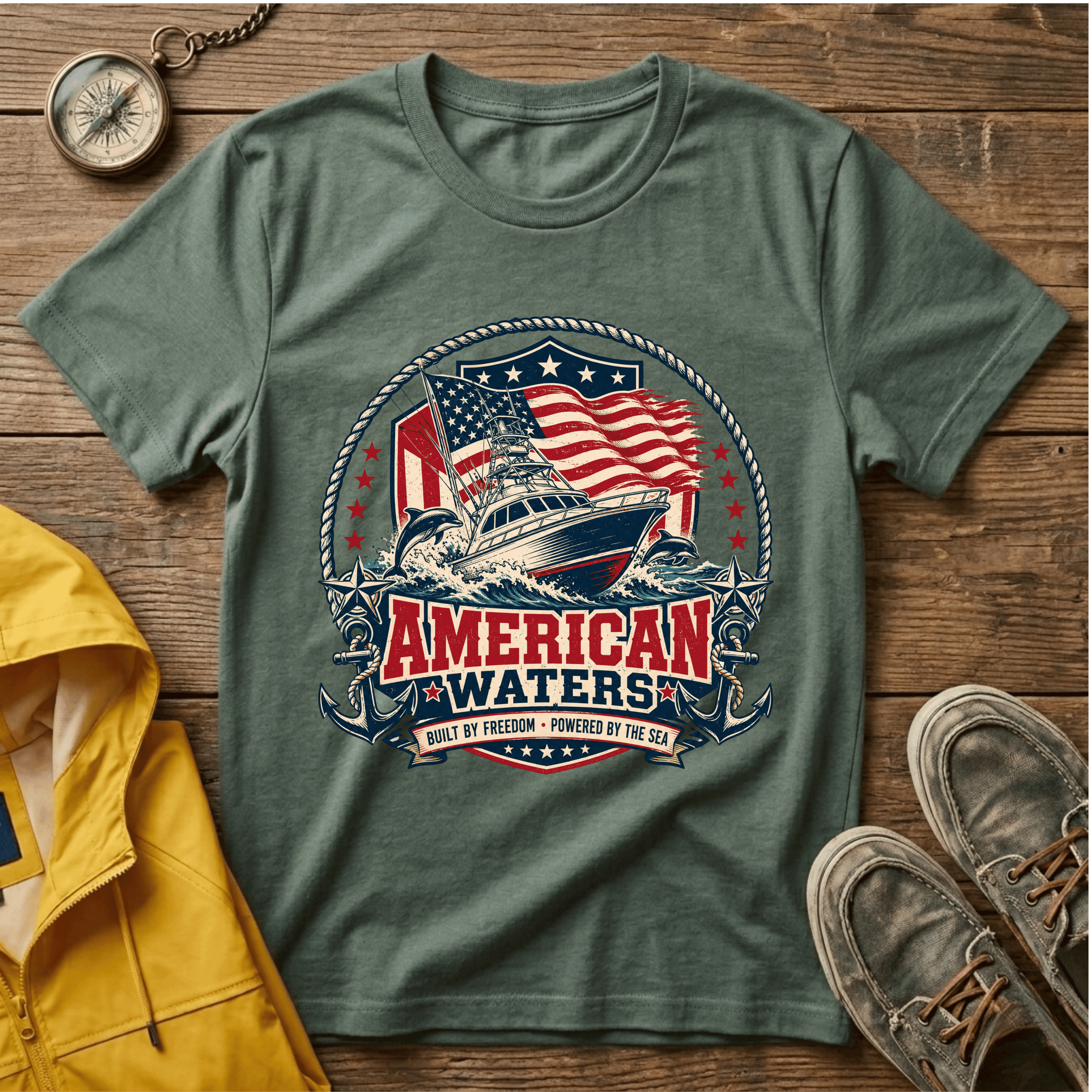 Boat T-Shirt — "American Waters" Patriotic Fishing & Boating Tee