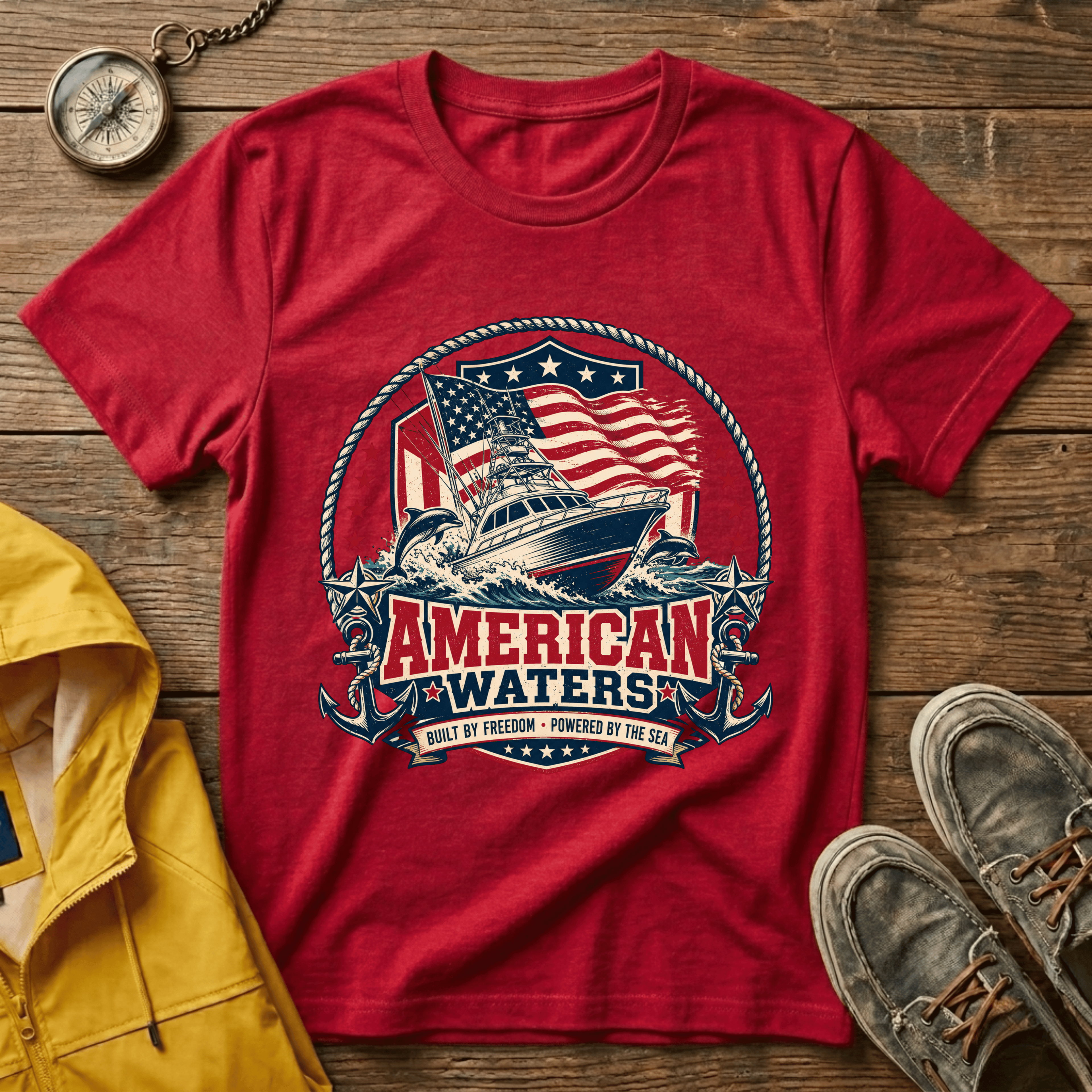 Boat T-Shirt — "American Waters" Patriotic Fishing & Boating Tee