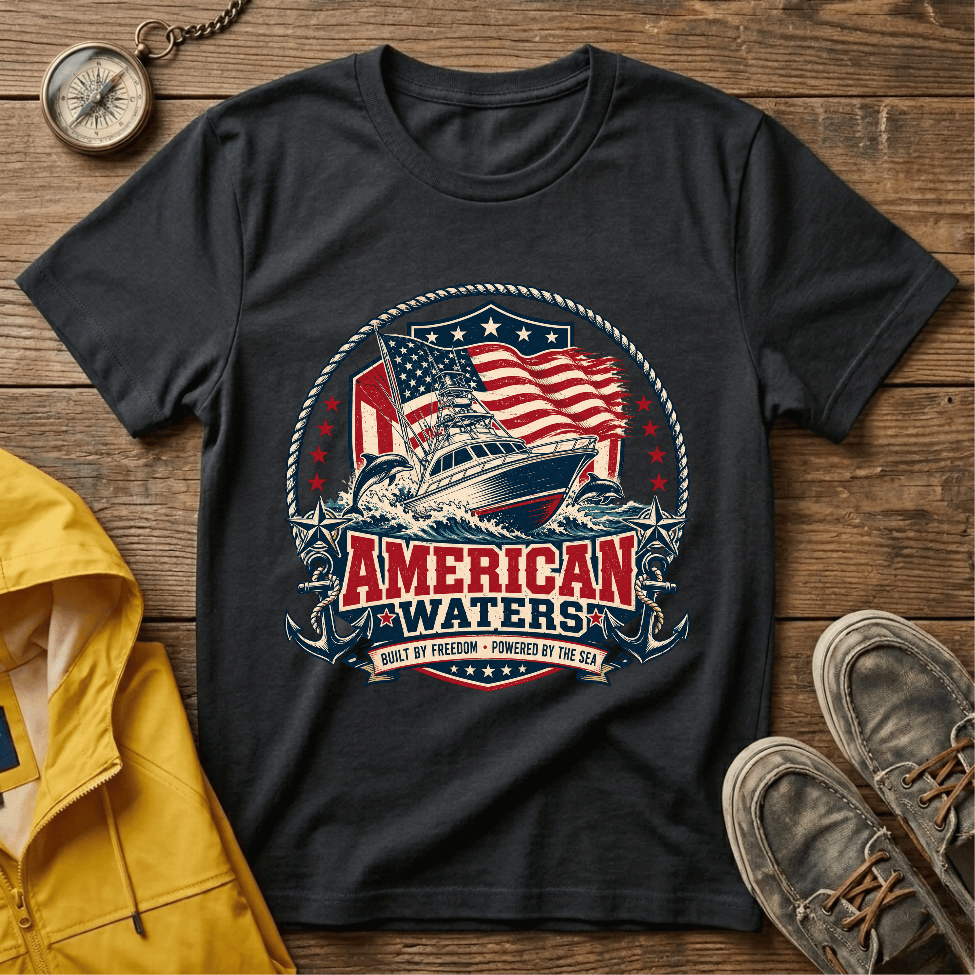 Boat T-Shirt — "American Waters" Patriotic Fishing & Boating Tee
