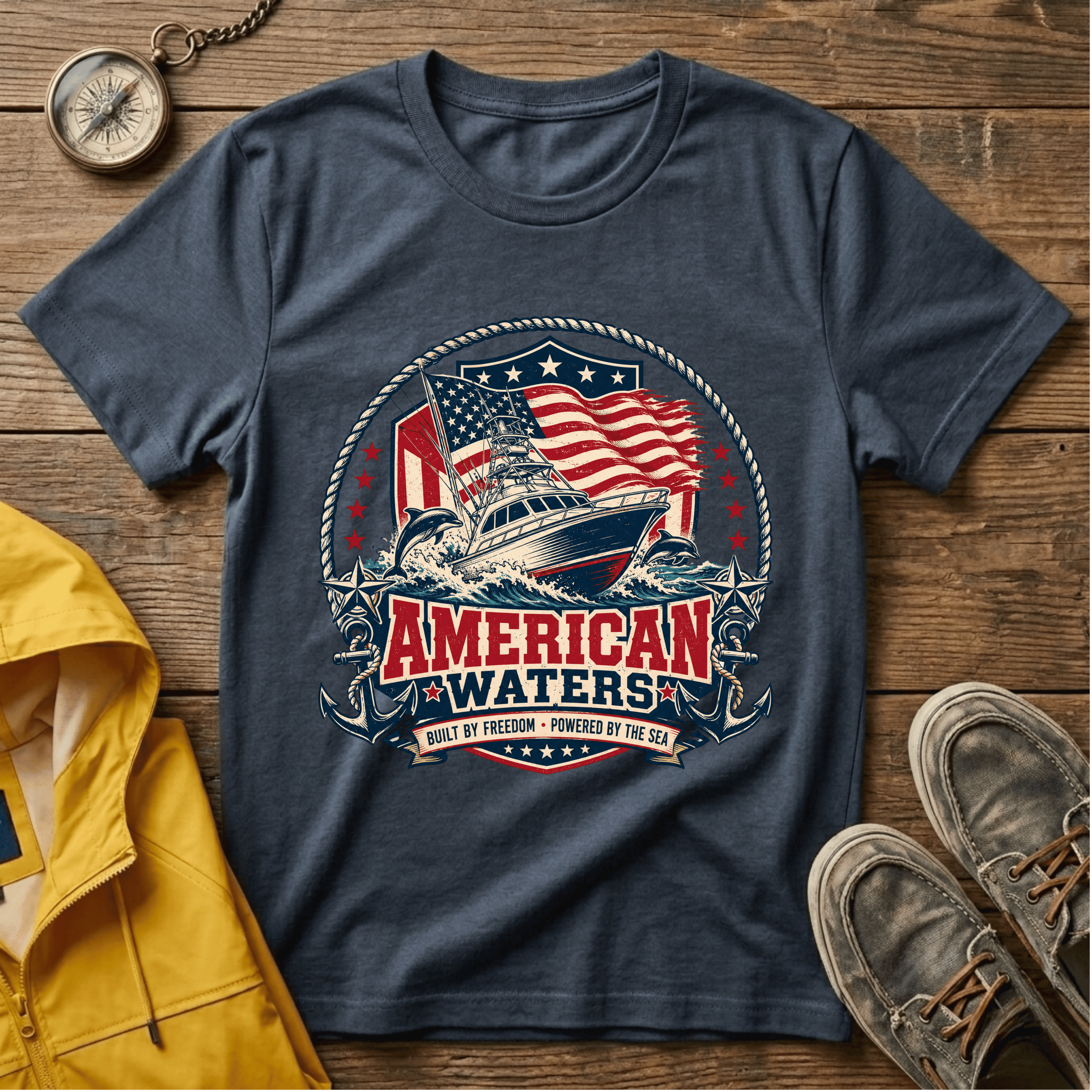 Boat T-Shirt — "American Waters" Patriotic Fishing & Boating Tee