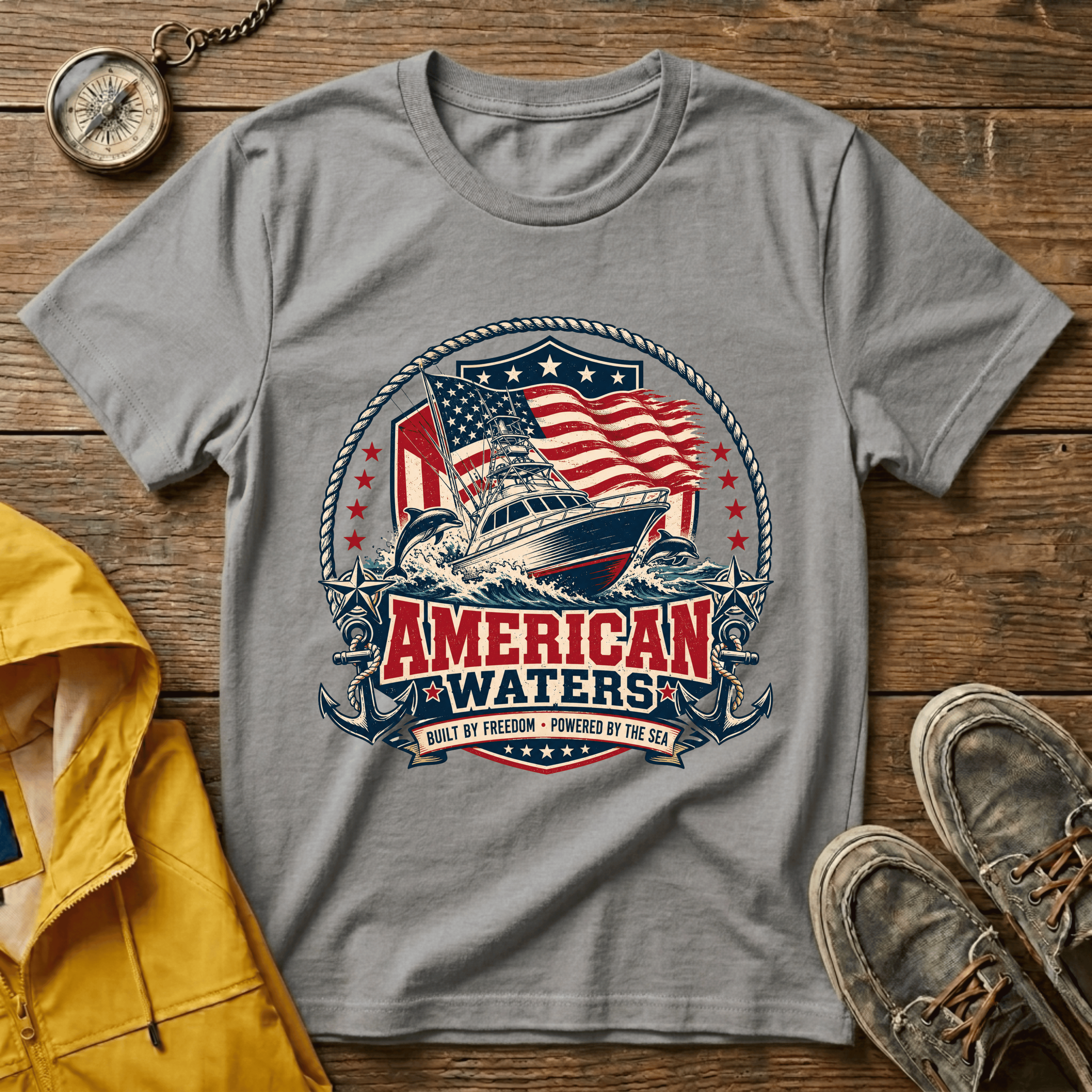 Boat T-Shirt — "American Waters" Patriotic Fishing & Boating Tee