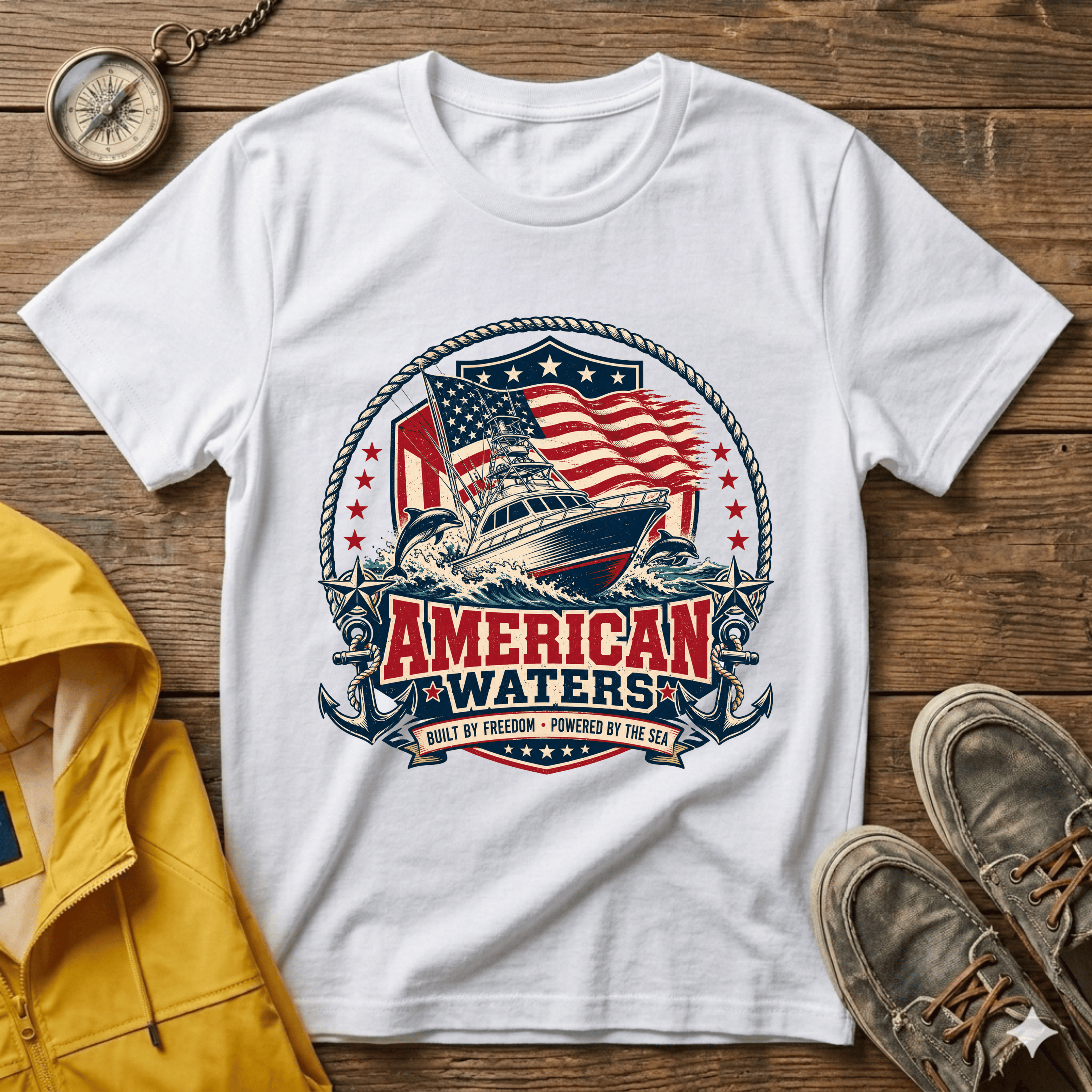 Boat T-Shirt — "American Waters" Patriotic Fishing & Boating Tee