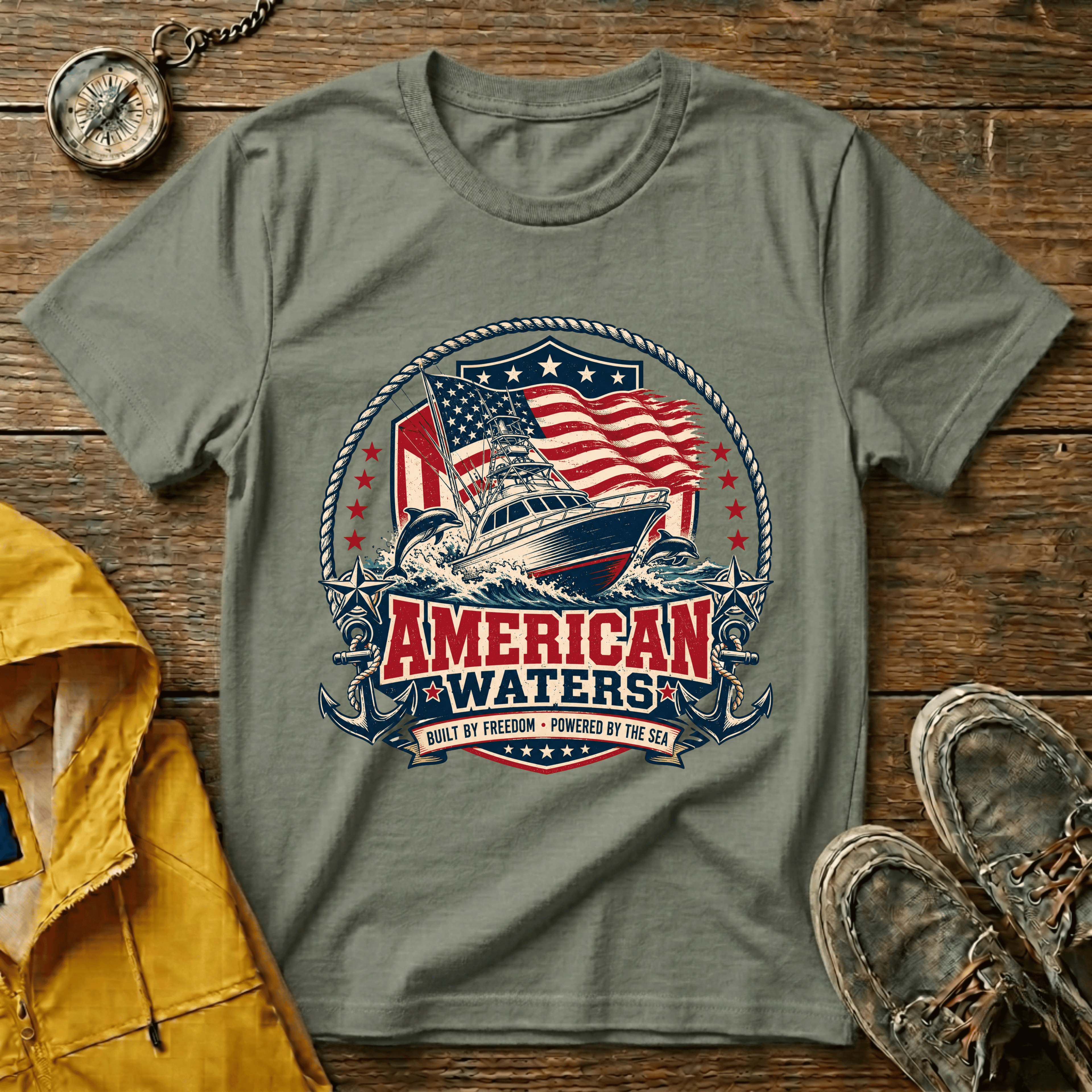Boat T-Shirt — "American Waters" Patriotic Fishing & Boating Tee