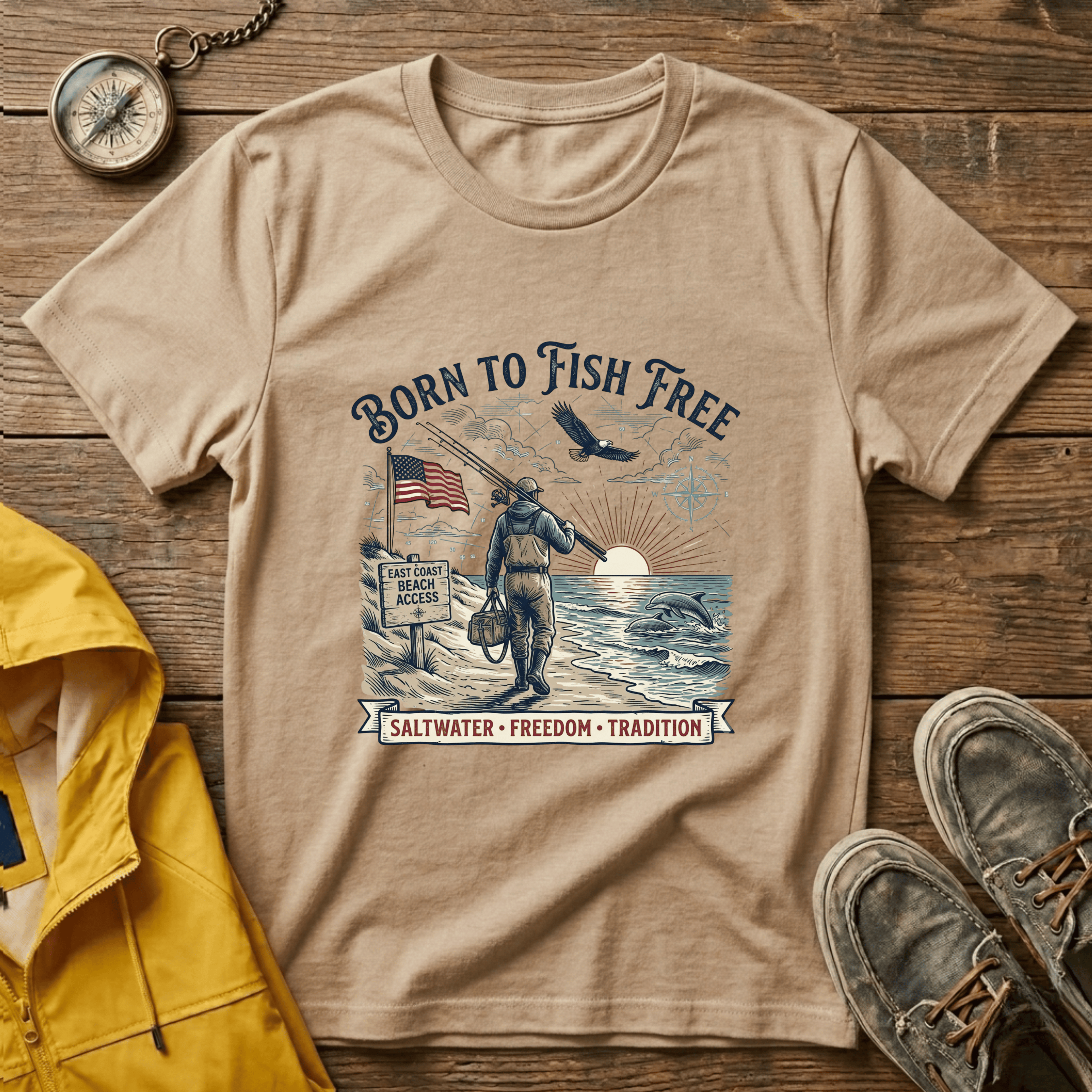 Born to Fish Free T-Shirt — Patriotic Saltwater Fishing Tee