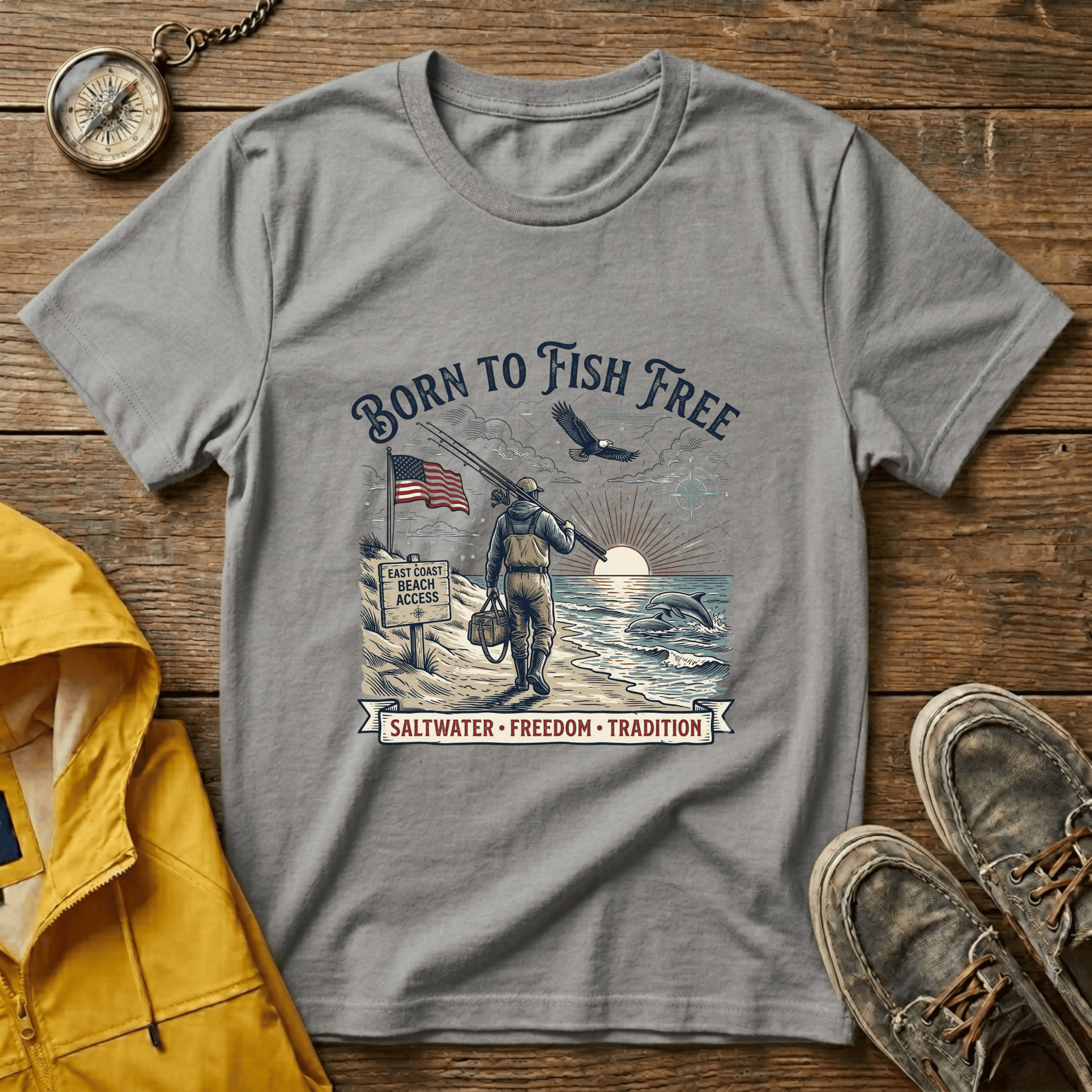 Born to Fish Free T-Shirt — Patriotic Saltwater Fishing Tee