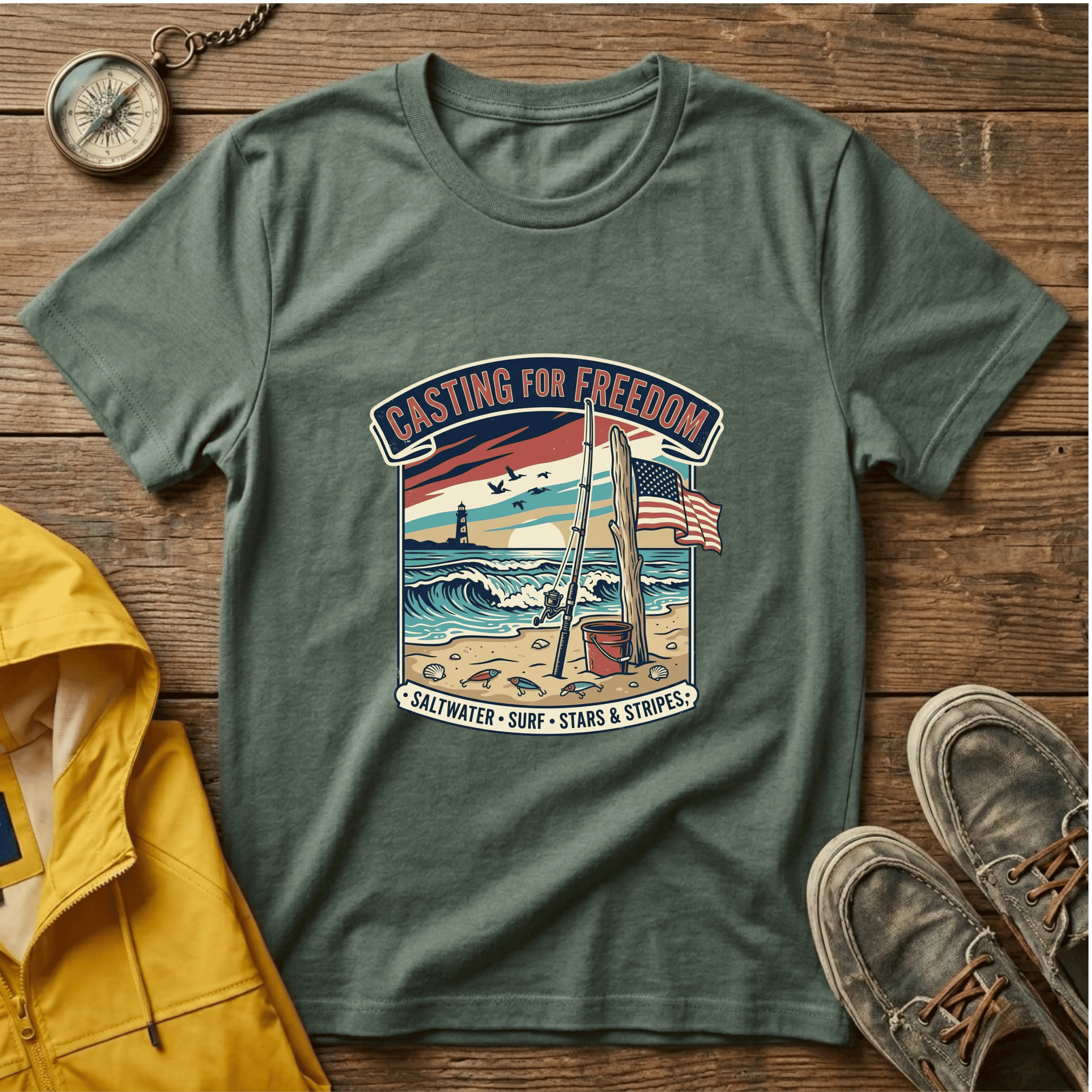 Casting for Freedom T-Shirt — Vintage Surf & Fishing Beach Tee