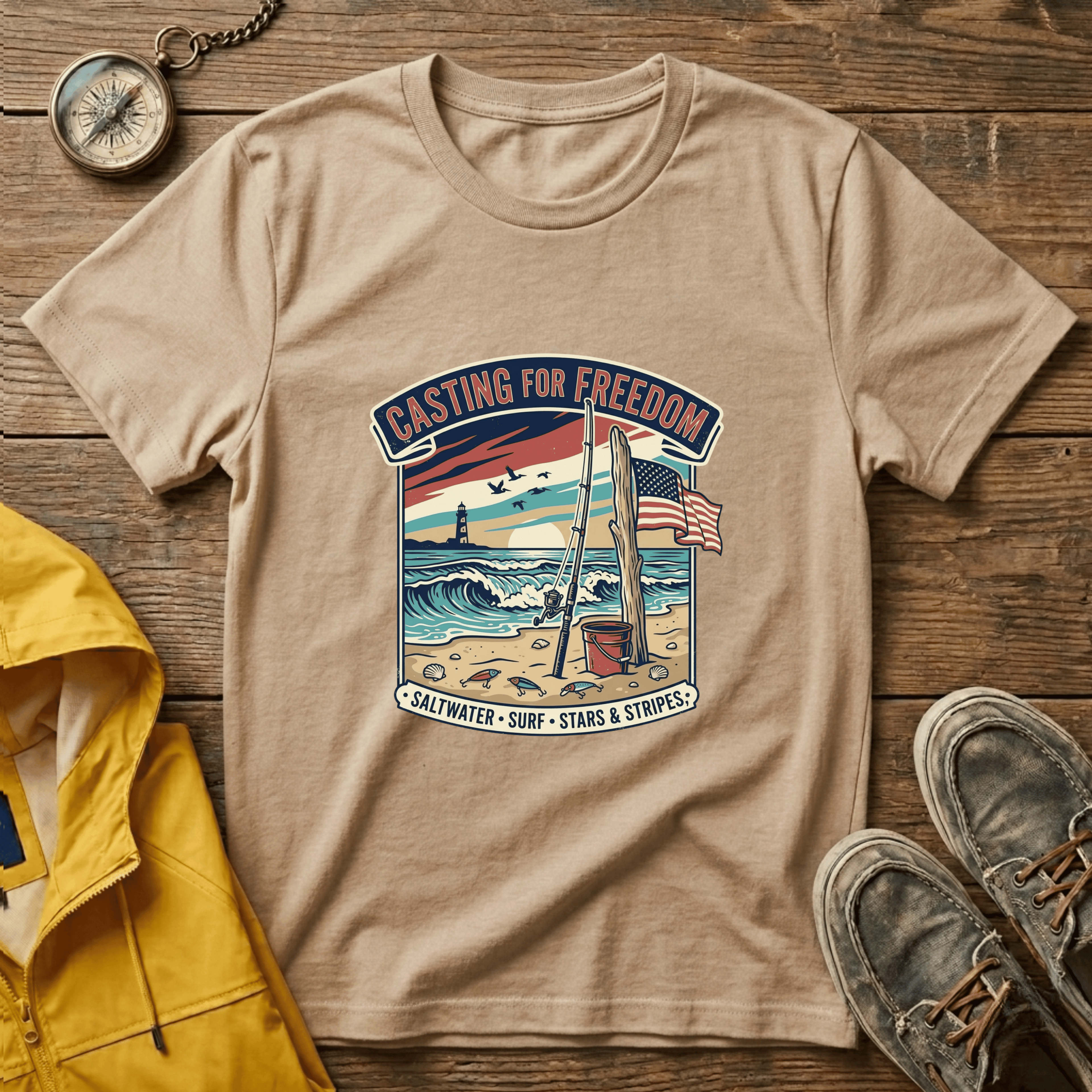 Casting for Freedom T-Shirt — Vintage Surf & Fishing Beach Tee