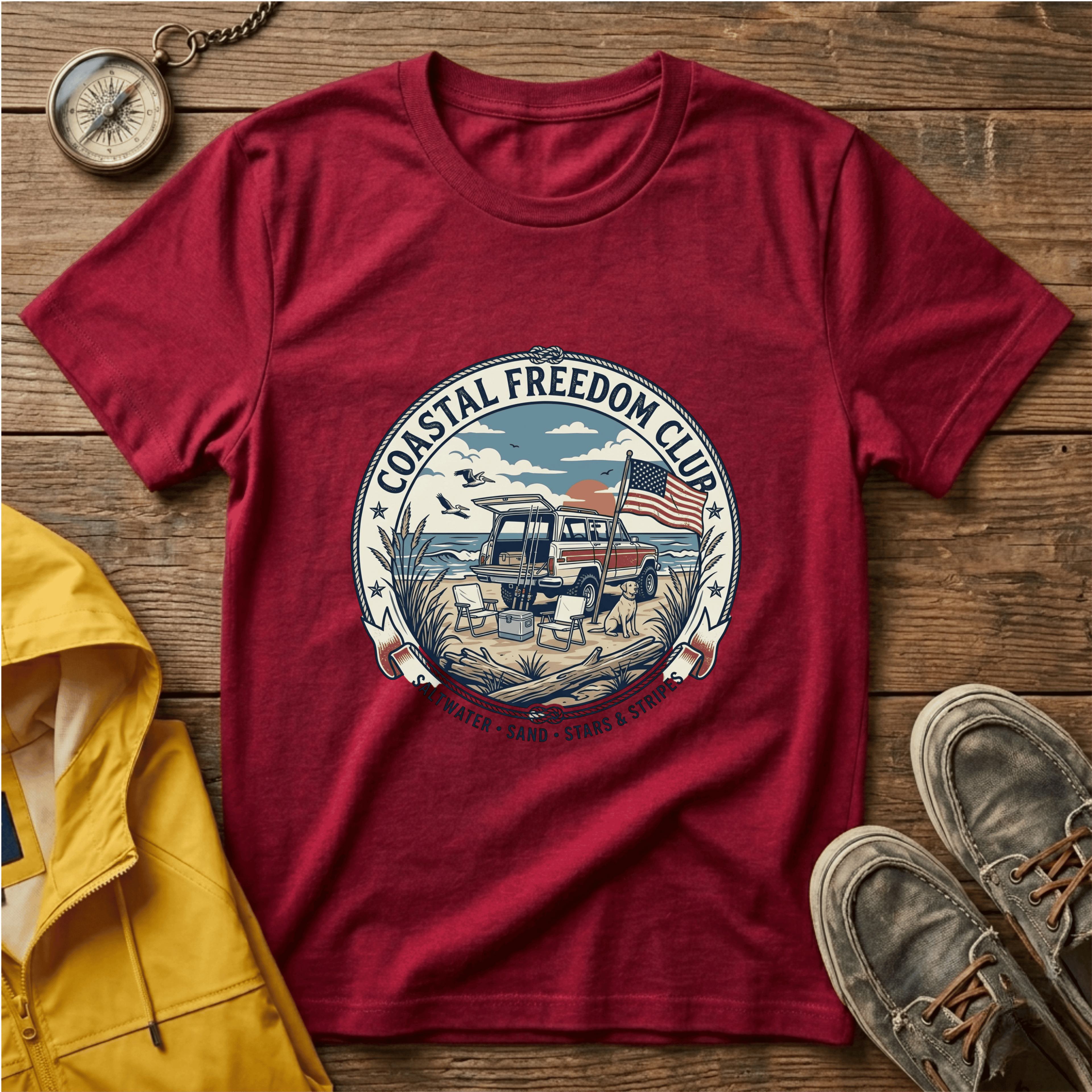 Coastal Freedom Club T-Shirt — Vintage Beach Boat & American Flag Tee
