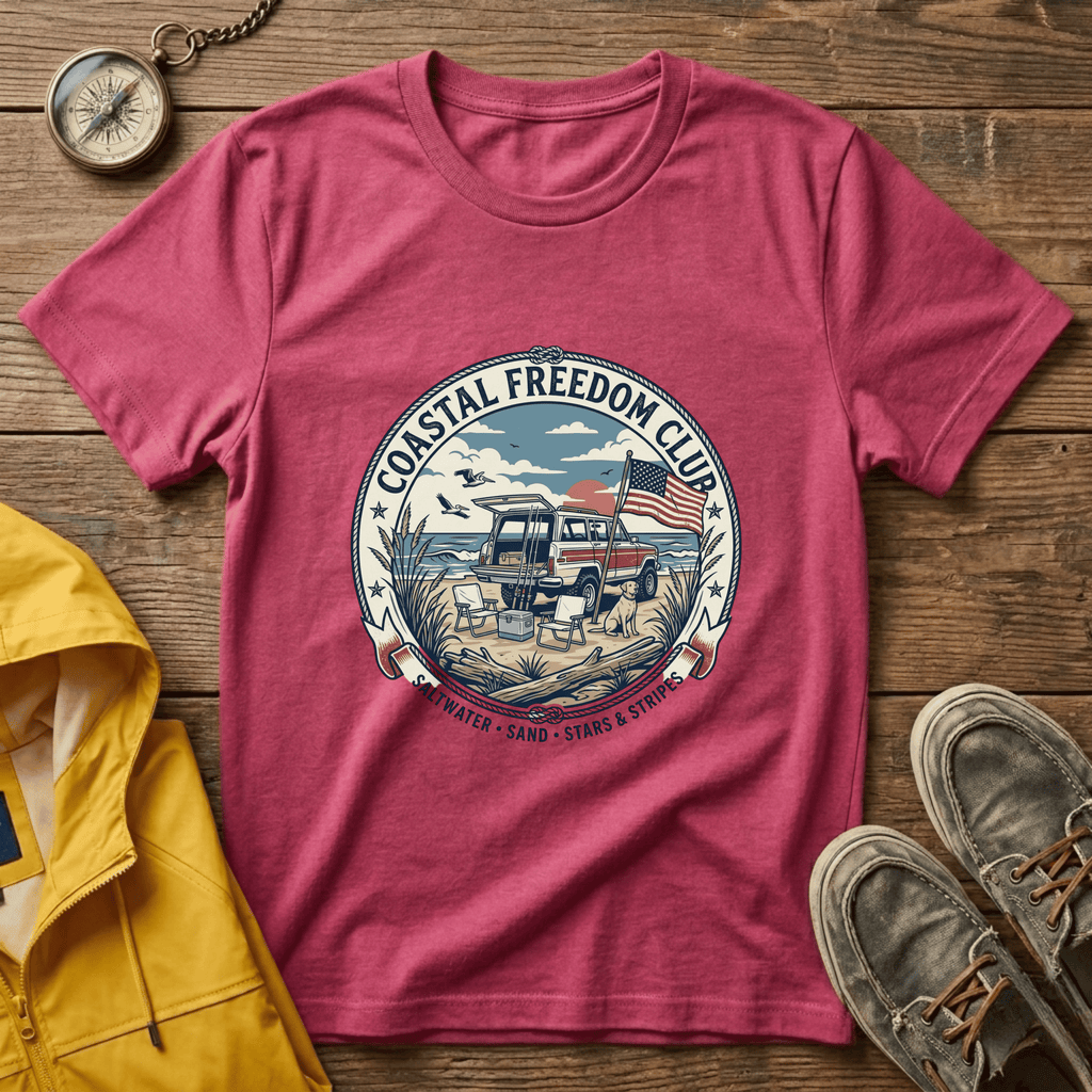 Coastal Freedom Club T-Shirt — Vintage Beach Boat & American Flag Tee