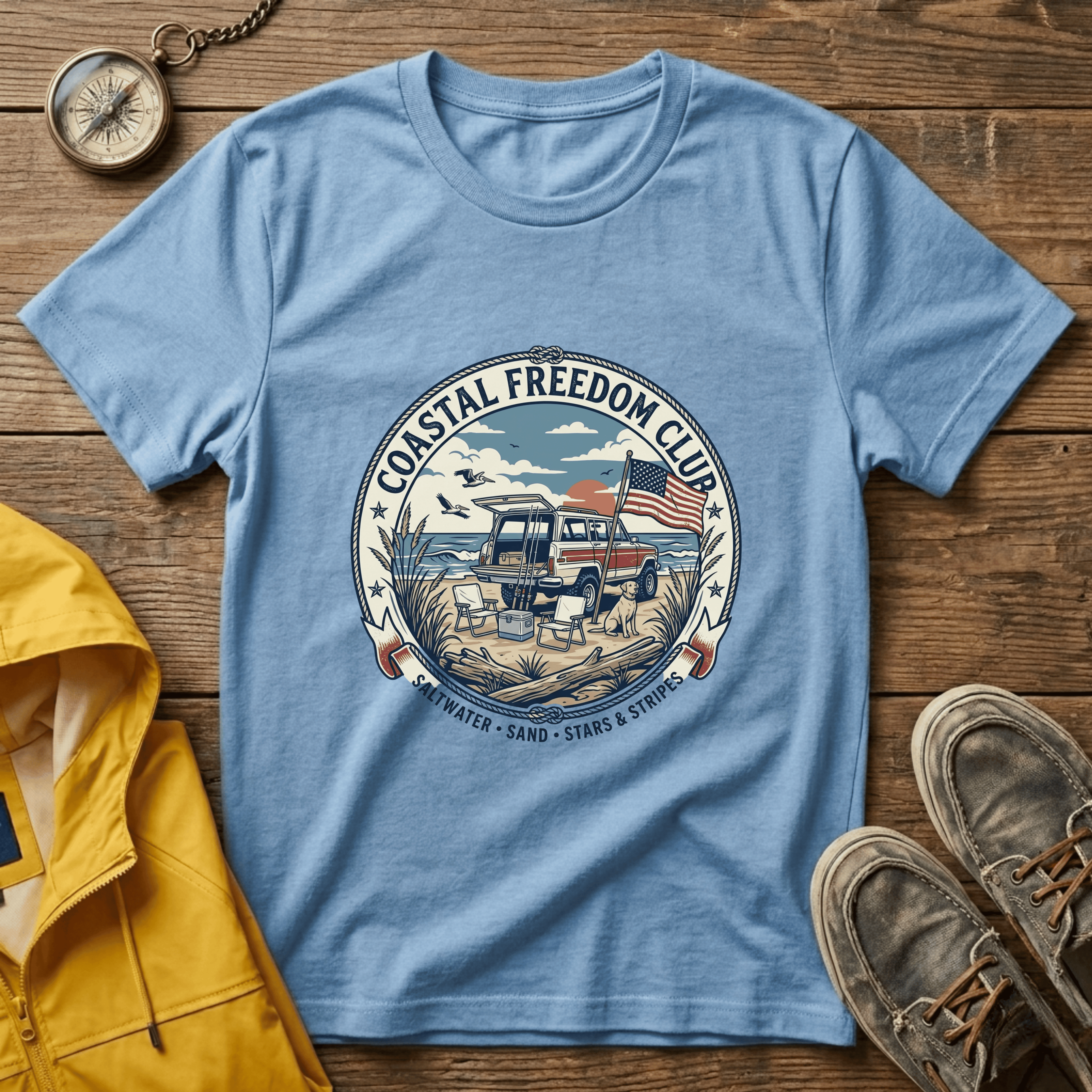 Coastal Freedom Club T-Shirt — Vintage Beach Boat & American Flag Tee