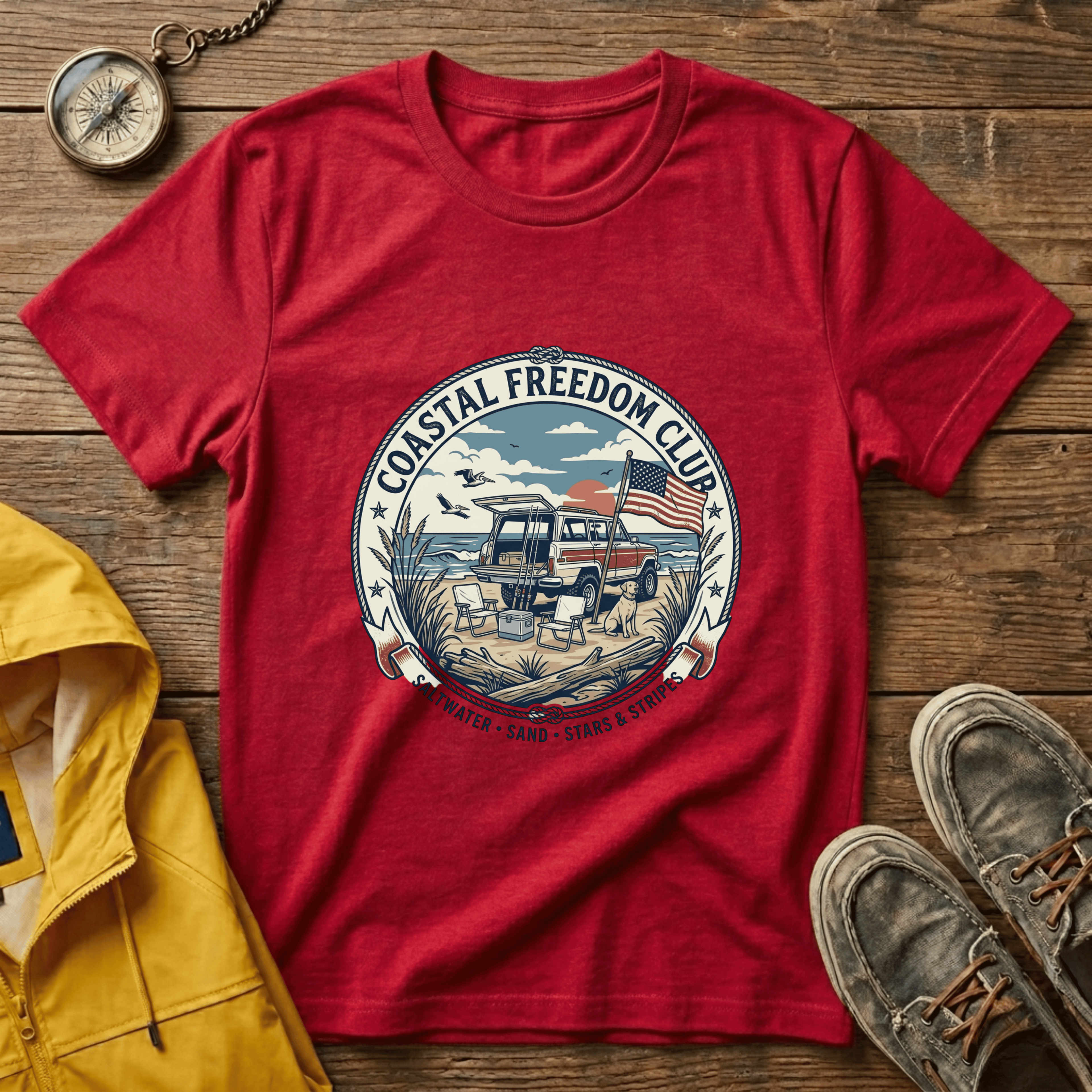 Coastal Freedom Club T-Shirt — Vintage Beach Boat & American Flag Tee