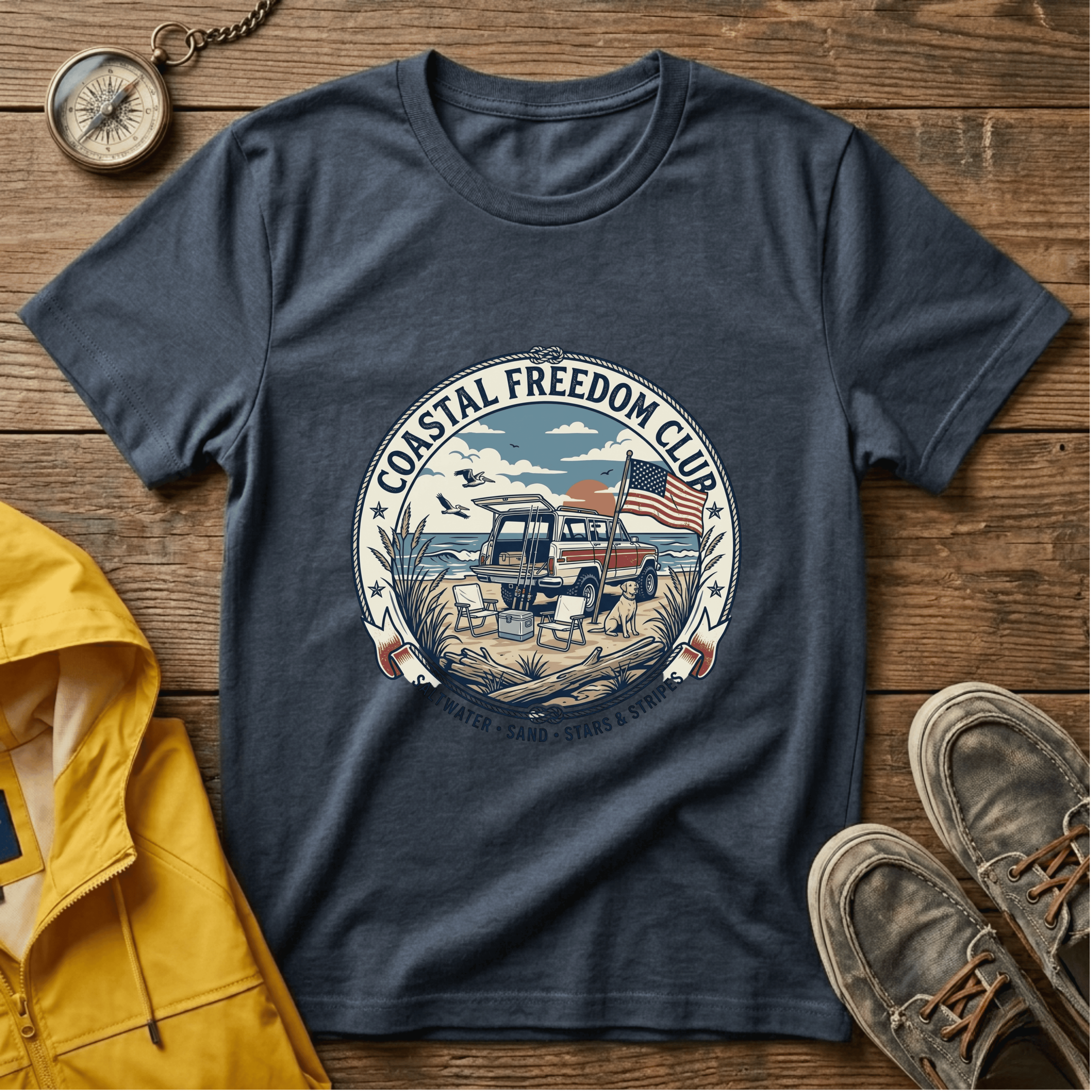 Coastal Freedom Club T-Shirt — Vintage Beach Boat & American Flag Tee