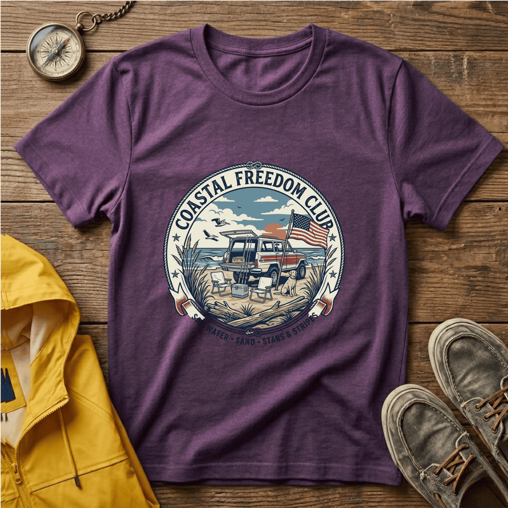 Coastal Freedom Club T-Shirt — Vintage Beach Boat & American Flag Tee