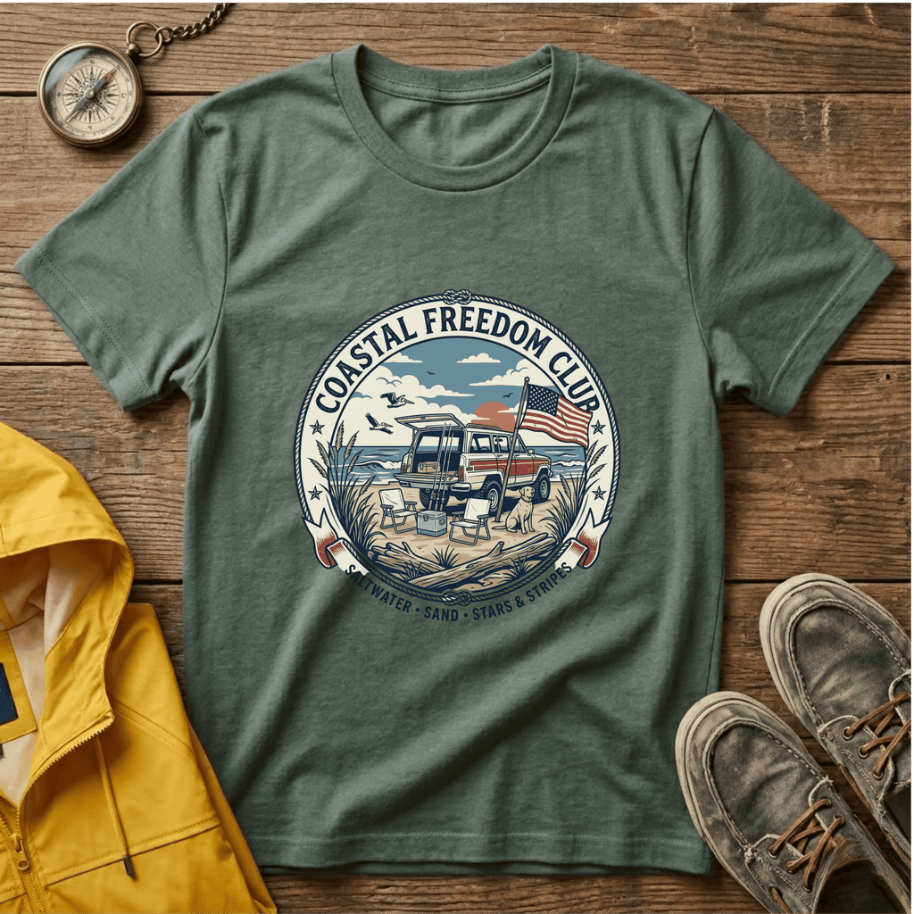 Coastal Freedom Club T-Shirt — Vintage Beach Boat & American Flag Tee