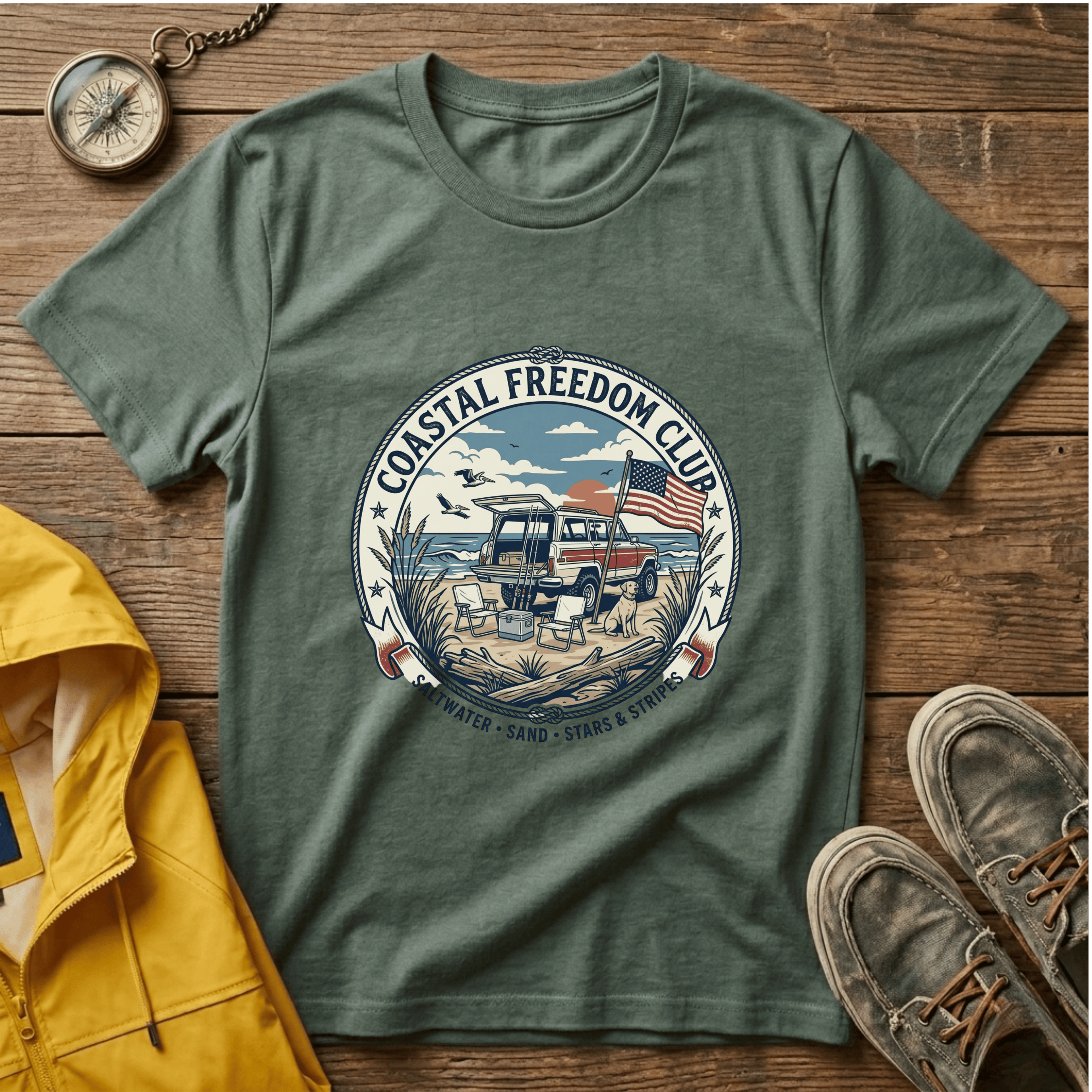 Coastal Freedom Club T-Shirt — Vintage Beach Boat & American Flag Tee