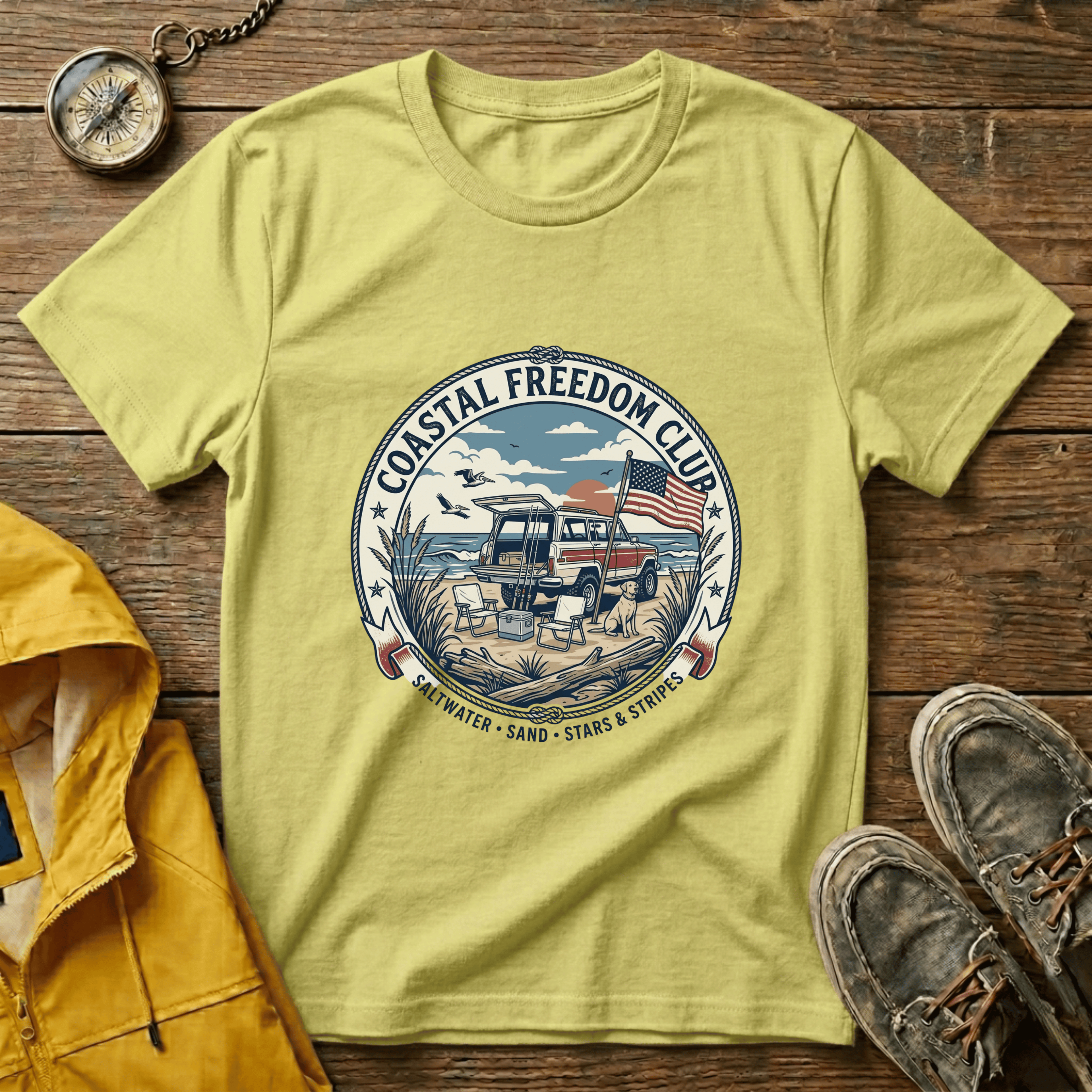 Coastal Freedom Club T-Shirt — Vintage Beach Boat & American Flag Tee