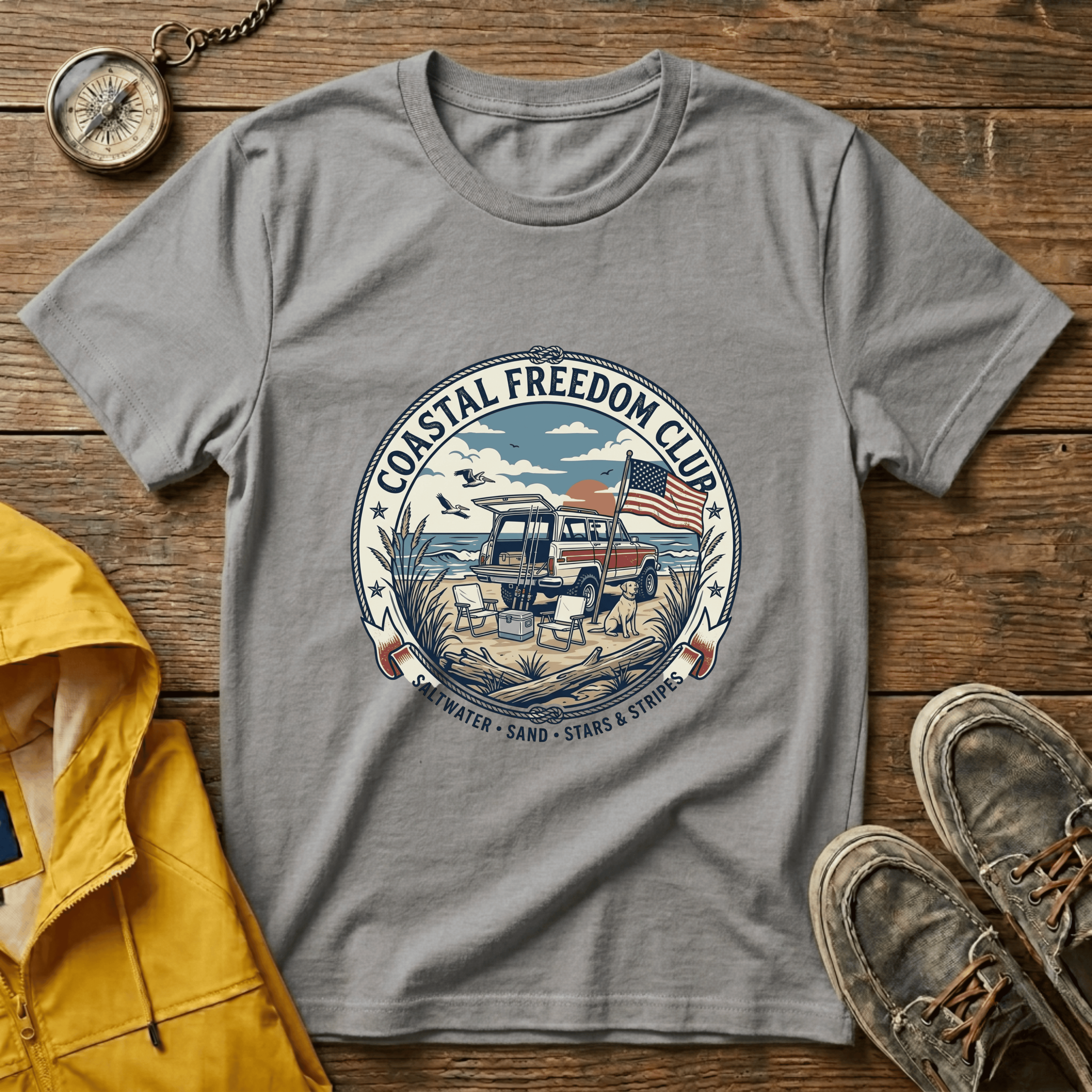 Coastal Freedom Club T-Shirt — Vintage Beach Boat & American Flag Tee