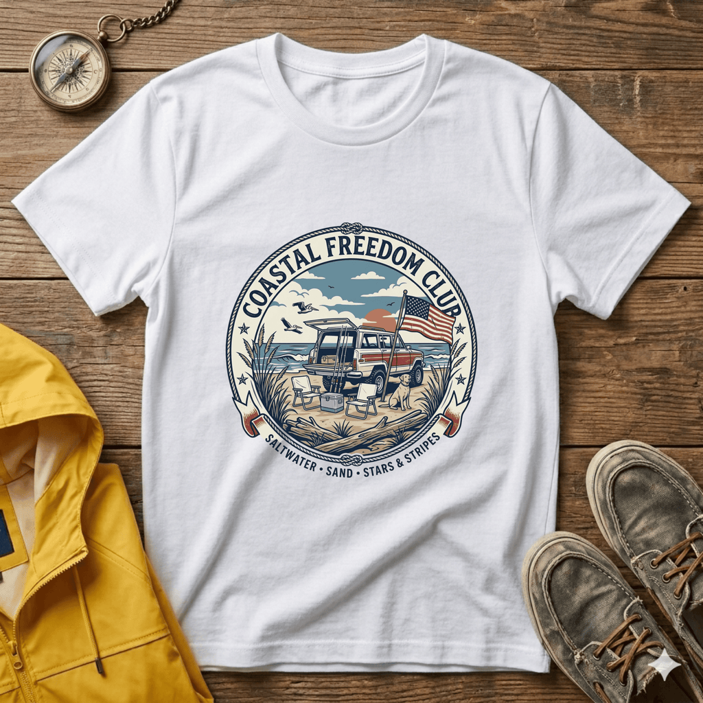 Coastal Freedom Club T-Shirt — Vintage Beach Boat & American Flag Tee