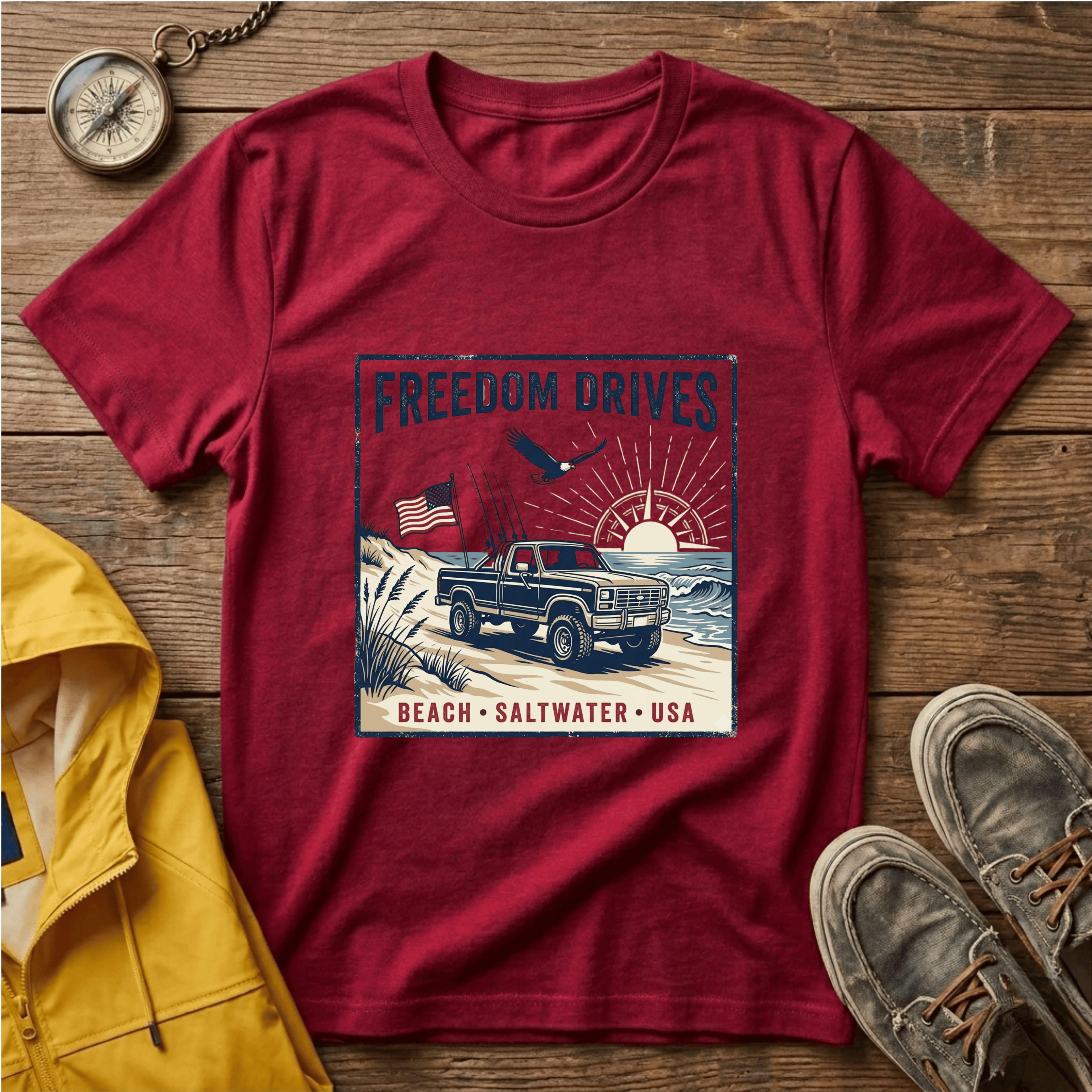 Freedom Drives T‑Shirt — Vintage Beach Jeep American Flag Graphic