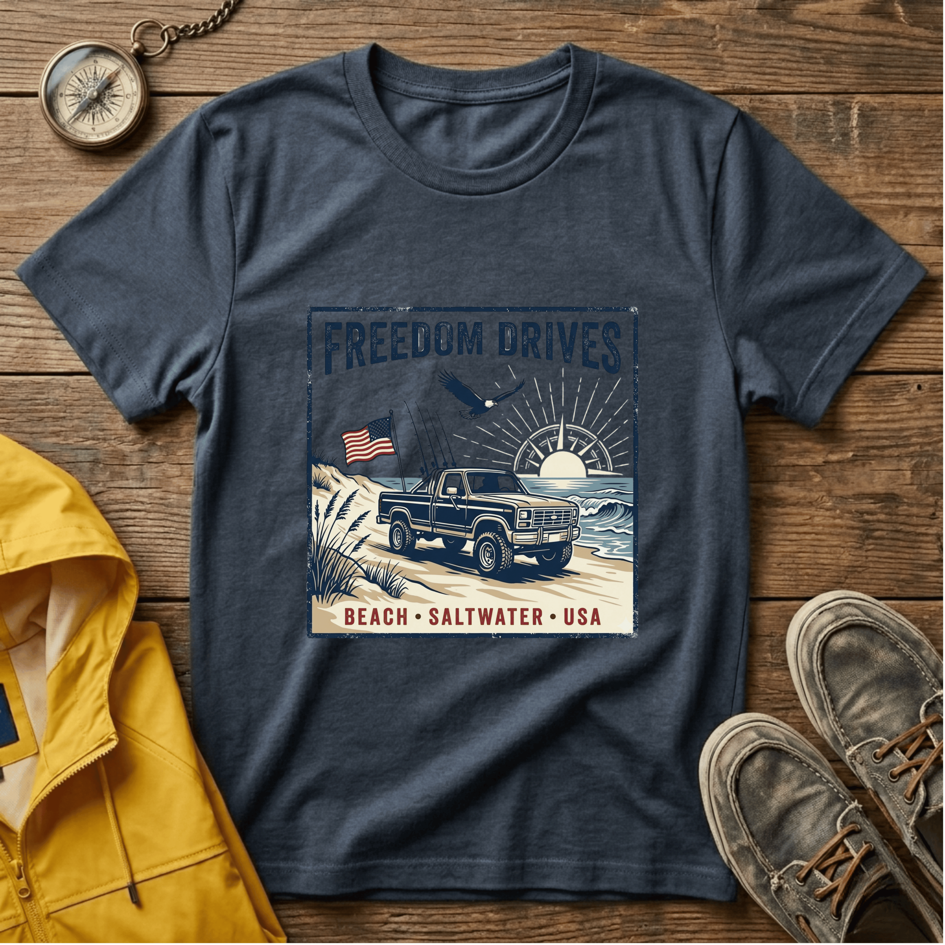 Freedom Drives T‑Shirt — Vintage Beach Jeep American Flag Graphic