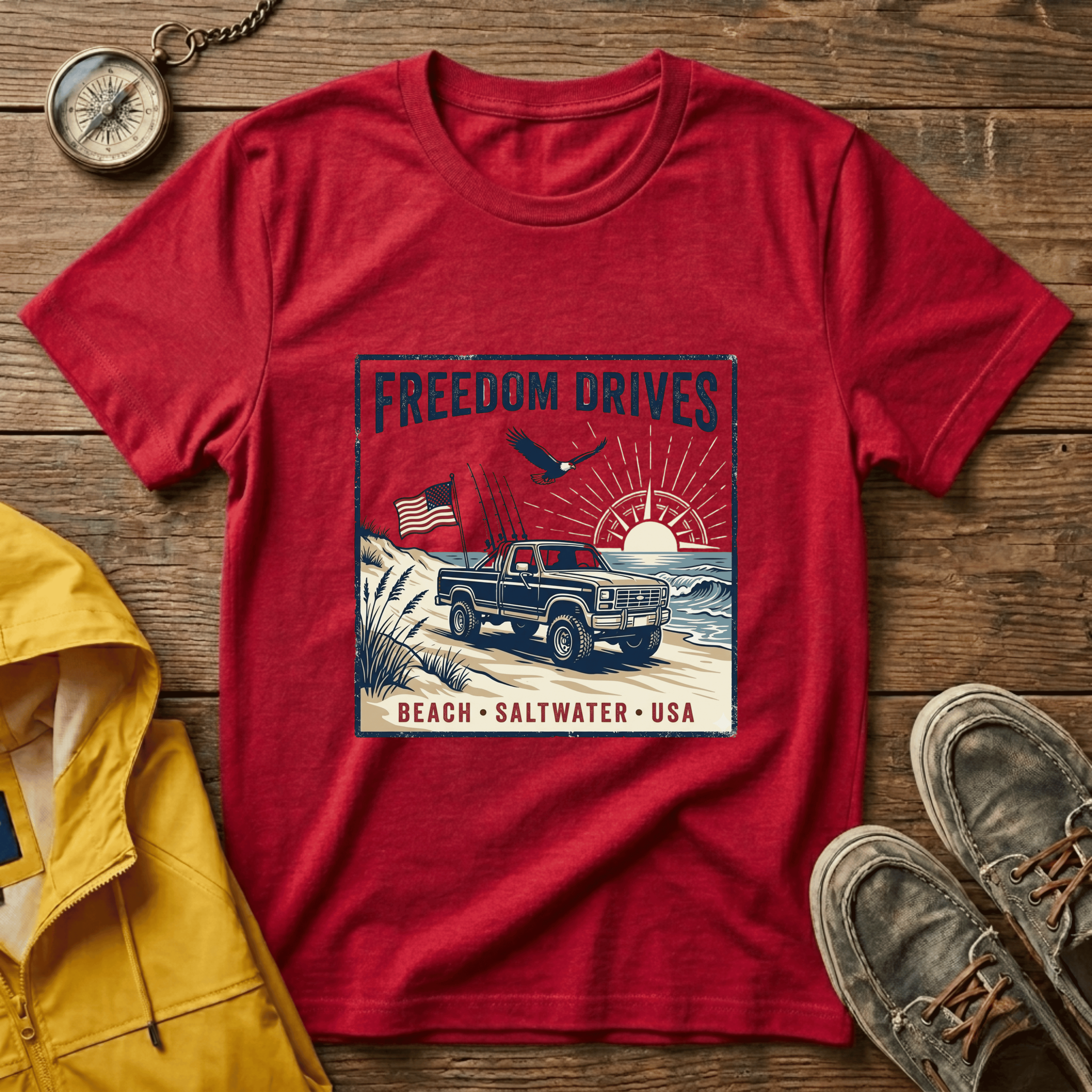 Freedom Drives T‑Shirt — Vintage Beach Jeep American Flag Graphic