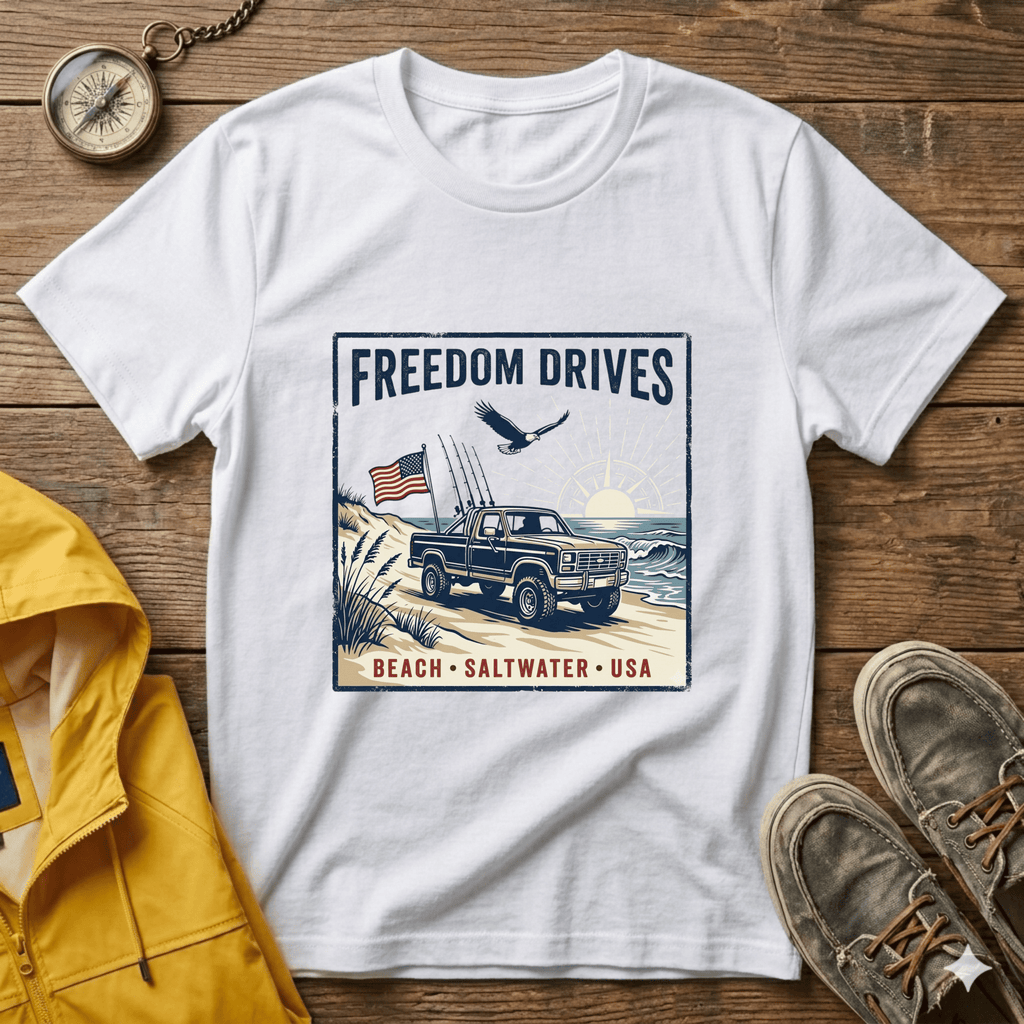 Freedom Drives T‑Shirt — Vintage Beach Jeep American Flag Graphic