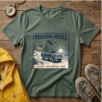 Freedom Drives T‑Shirt — Vintage Beach Jeep American Flag Graphic