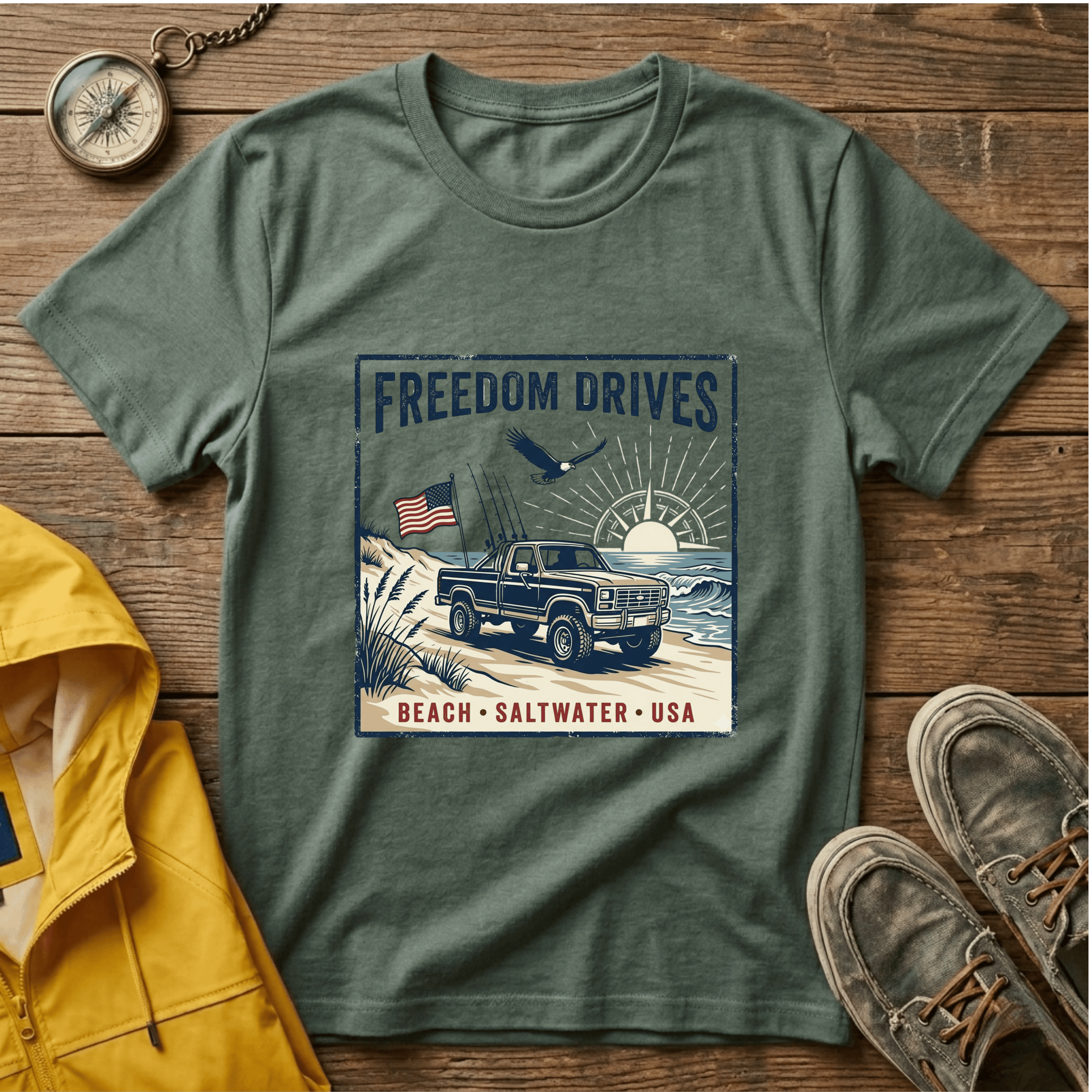 Freedom Drives T‑Shirt — Vintage Beach Jeep American Flag Graphic