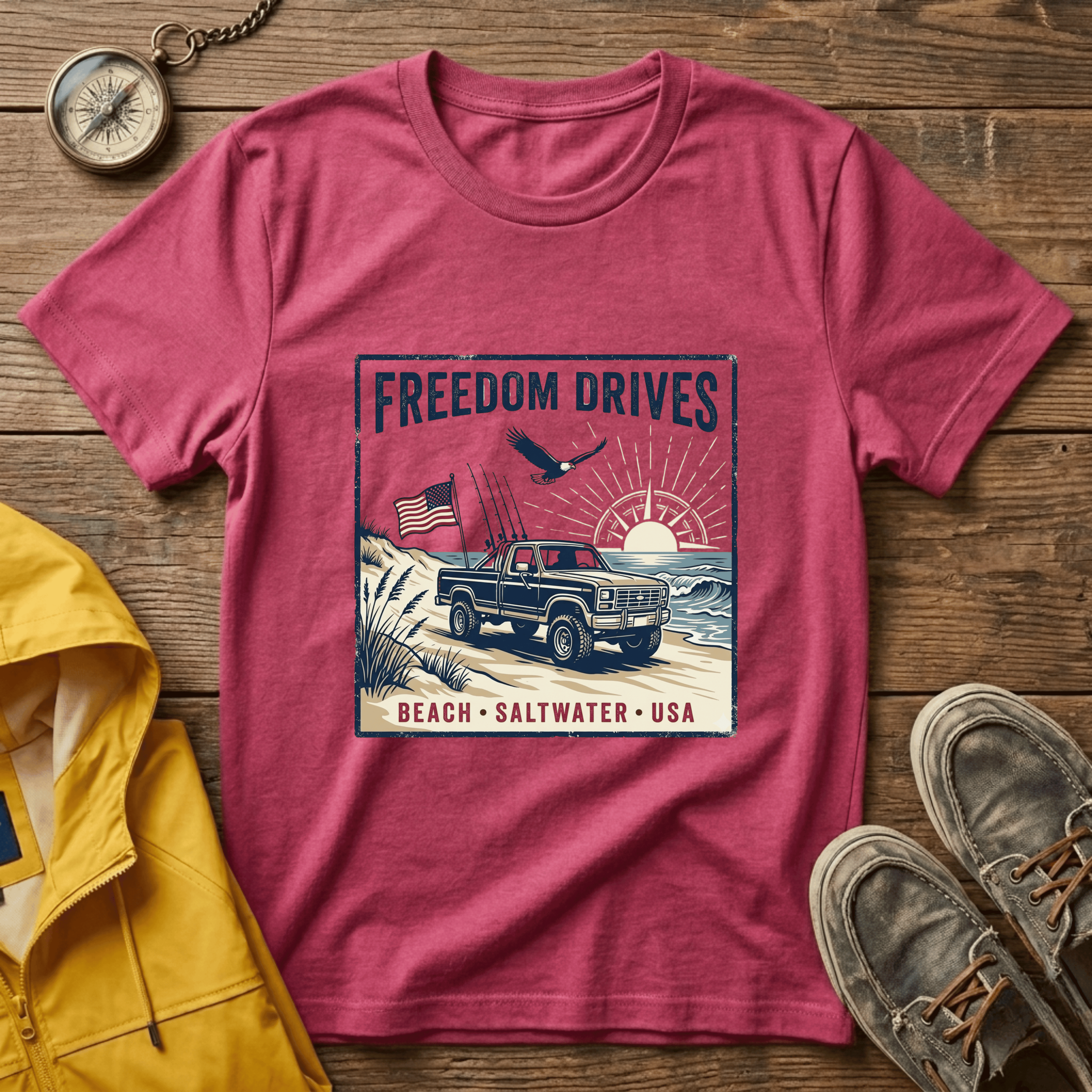Freedom Drives T‑Shirt — Vintage Beach Jeep American Flag Graphic