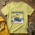 Freedom Drives T‑Shirt — Vintage Beach Jeep American Flag Graphic