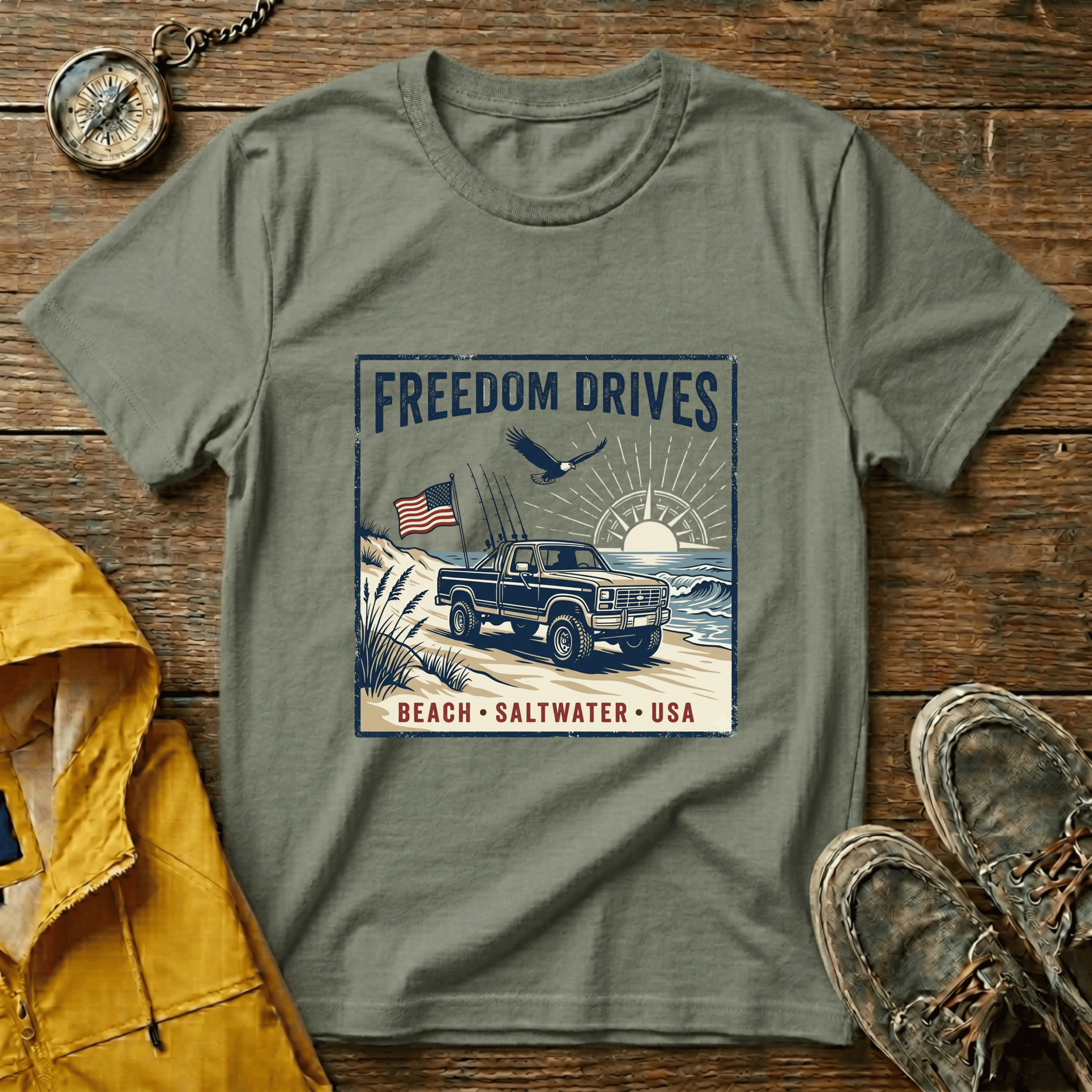 Freedom Drives T‑Shirt — Vintage Beach Jeep American Flag Graphic
