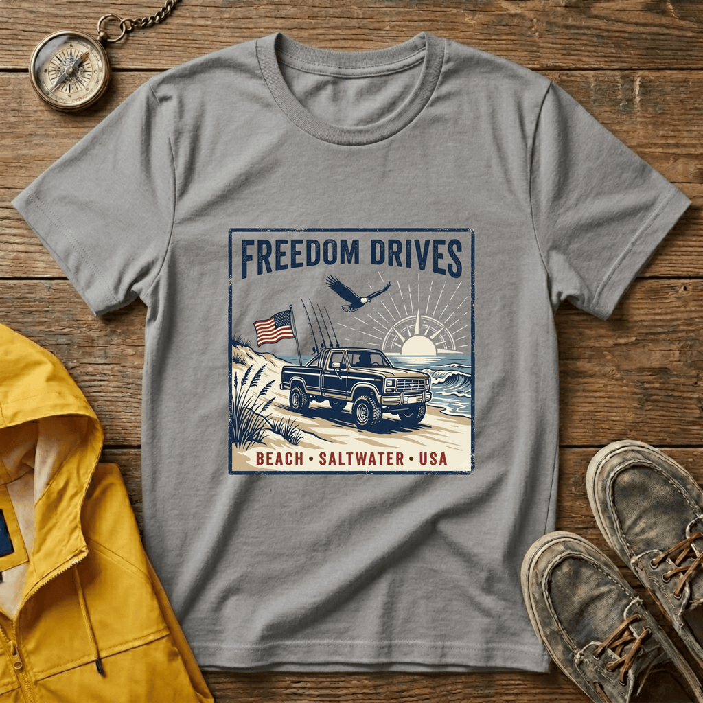 Freedom Drives T‑Shirt — Vintage Beach Jeep American Flag Graphic