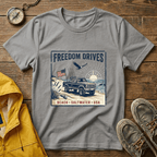 Freedom Drives T‑Shirt — Vintage Beach Jeep American Flag Graphic