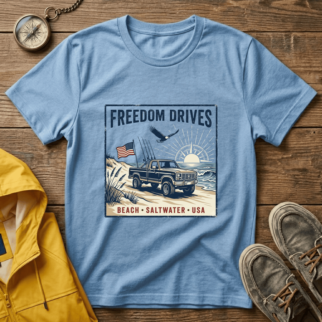 Freedom Drives T‑Shirt — Vintage Beach Jeep American Flag Graphic