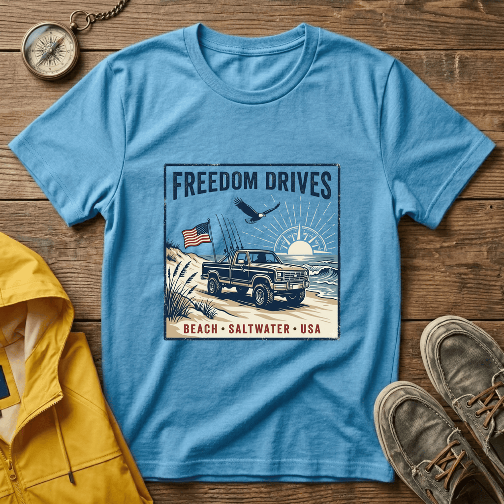 Freedom Drives T‑Shirt — Vintage Beach Jeep American Flag Graphic