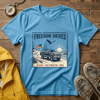 Freedom Drives T‑Shirt — Vintage Beach Jeep American Flag Graphic