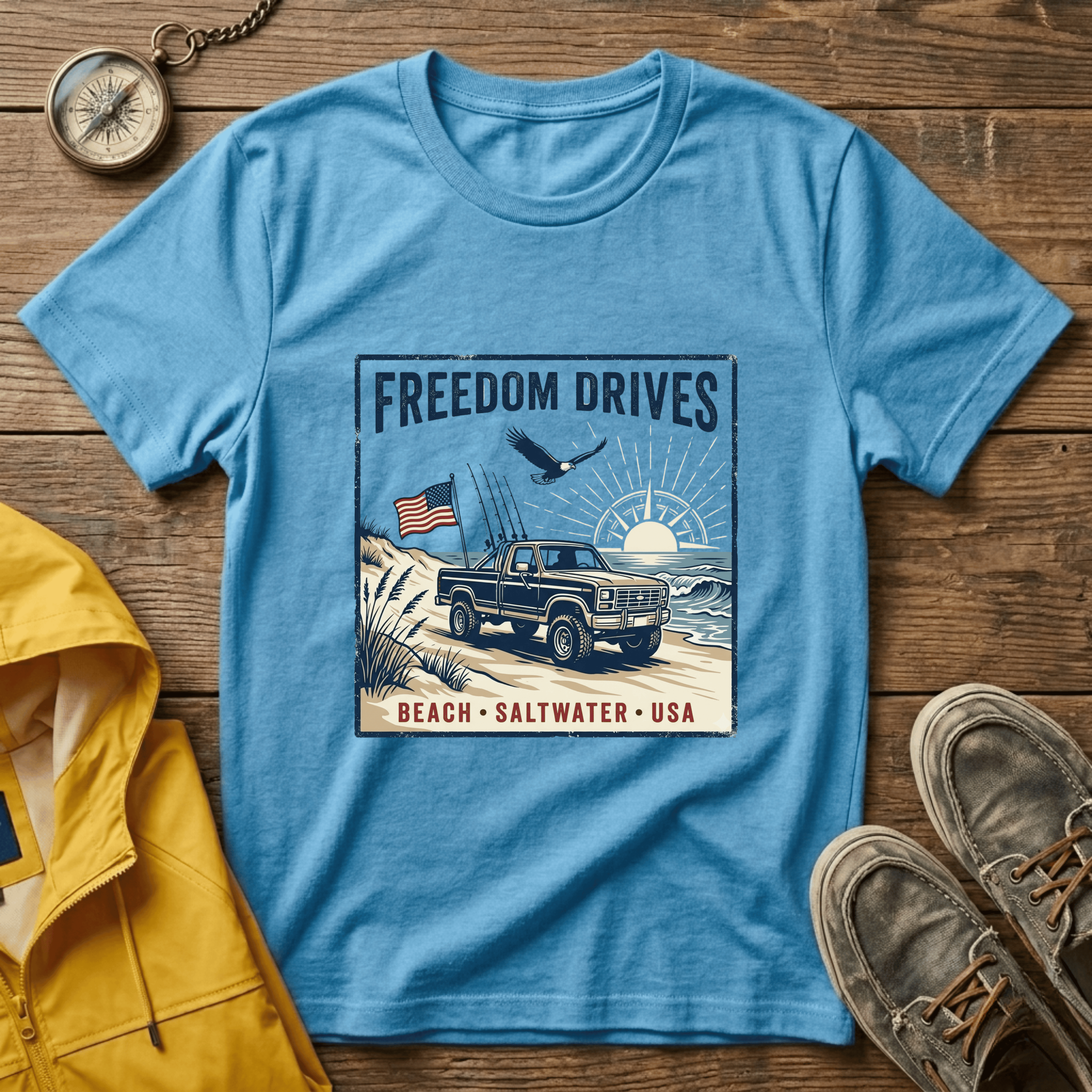 Freedom Drives T‑Shirt — Vintage Beach Jeep American Flag Graphic