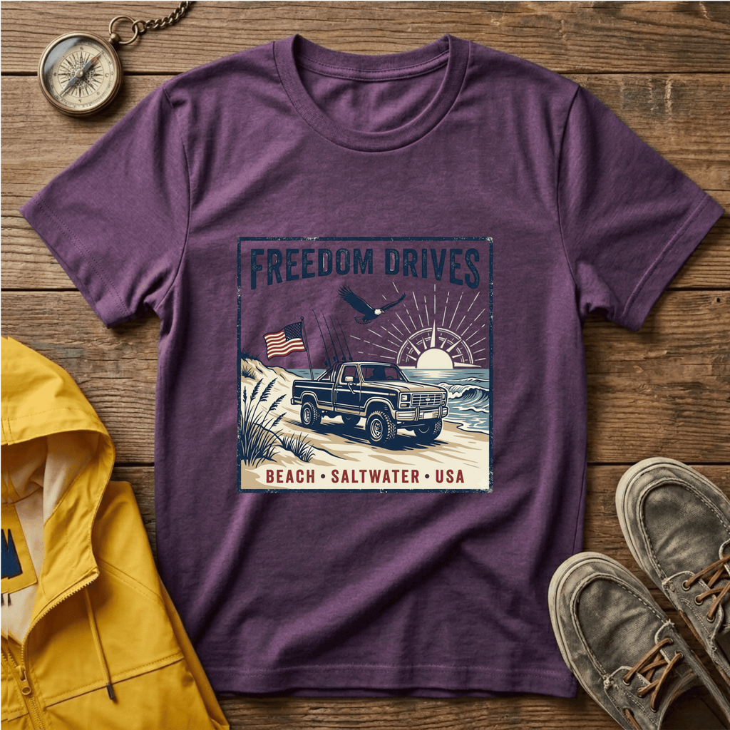 Freedom Drives T‑Shirt — Vintage Beach Jeep American Flag Graphic