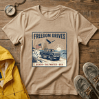Freedom Drives T‑Shirt — Vintage Beach Jeep American Flag Graphic