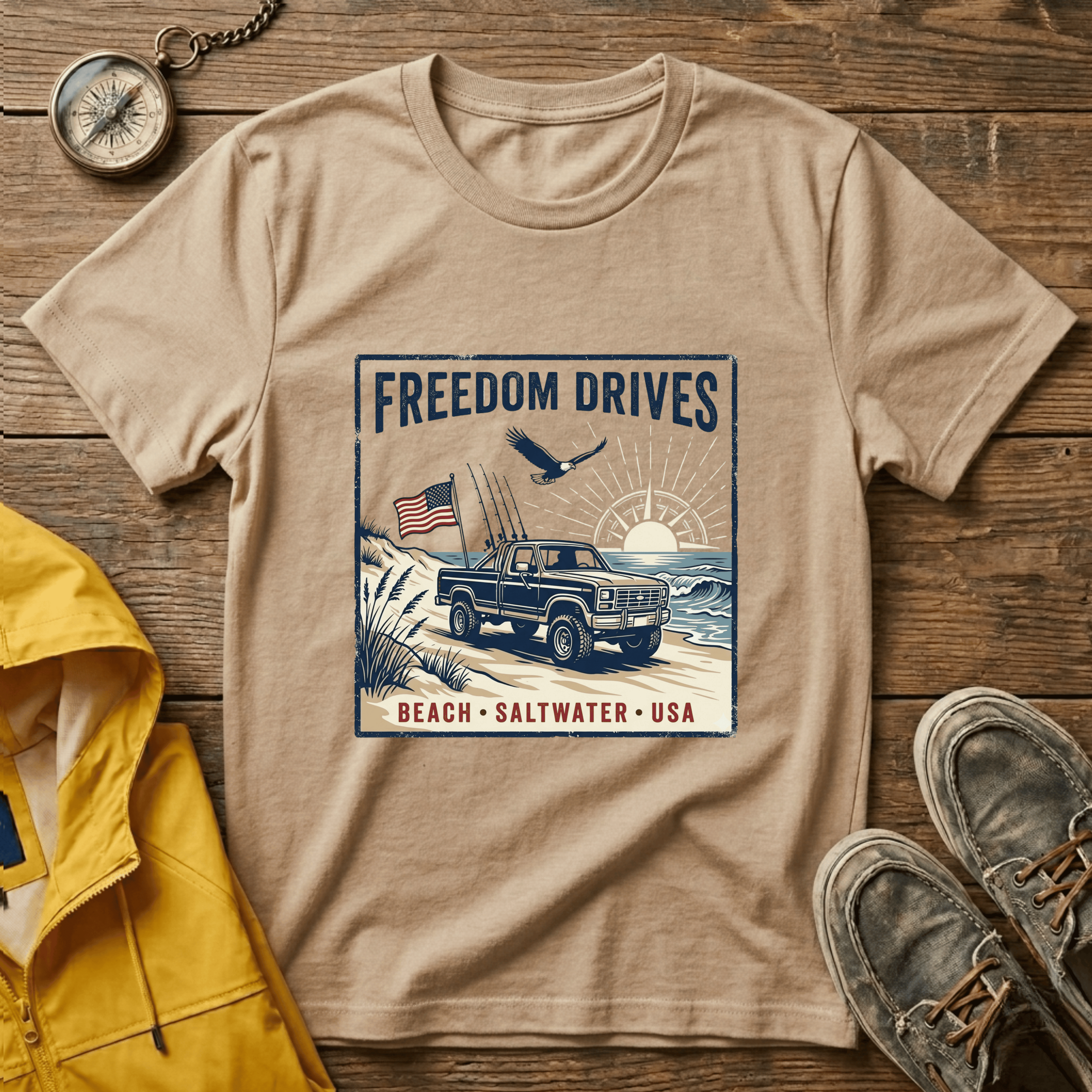 Freedom Drives T‑Shirt — Vintage Beach Jeep American Flag Graphic